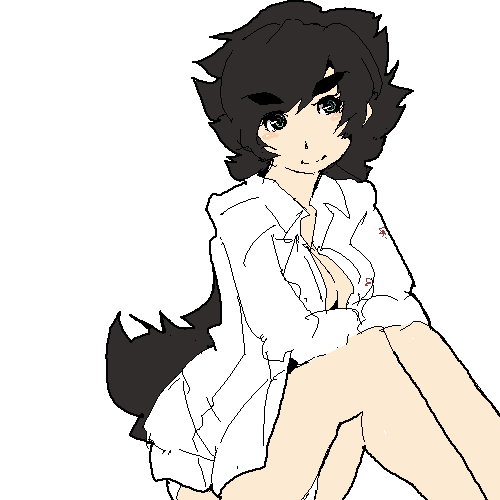 lowres, 1girl, breasts, cleavage, female focus, large breasts, no pants, oekaki, shirt, solo, white shirt