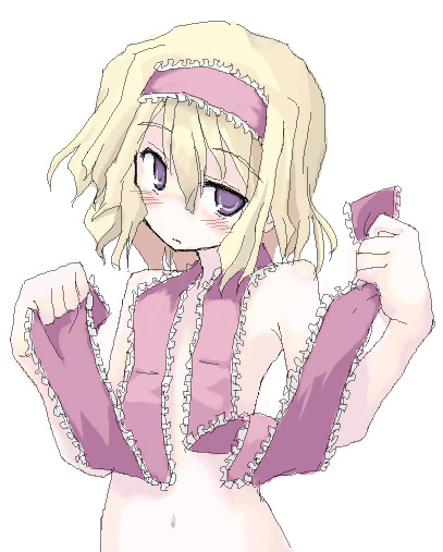mochiki, alice margatroid, touhou, 1girl, blonde hair, blush, censored, completely nude, convenient censoring, female focus, flat chest, frills, hairband, naked ribbon, navel, no nose, nude, oekaki, purple eyes, ribbon, solo, upper body
