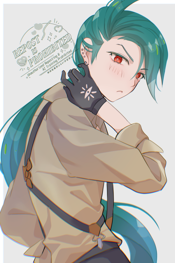 mizuiro123, rika (pokemon), nintendo, pokemon, pokemon sv, 1girl, black gloves, black pants, blush, closed mouth, collared shirt, earrings, frown, gloves, green hair, jewelry, long hair, pants, ponytail, red eyes, reverse trap, shirt, simple background, solo, suspenders, upper body