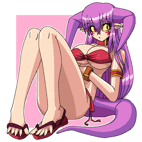 lowres, bikini, breasts, cleavage, collar, demon girl, feet, flip-flops, horns, large breasts, oekaki, pointy ears, purple hair, red bikini, sandals, side-tie bikini bottom, solo, spread toes, swimsuit, tail, toes