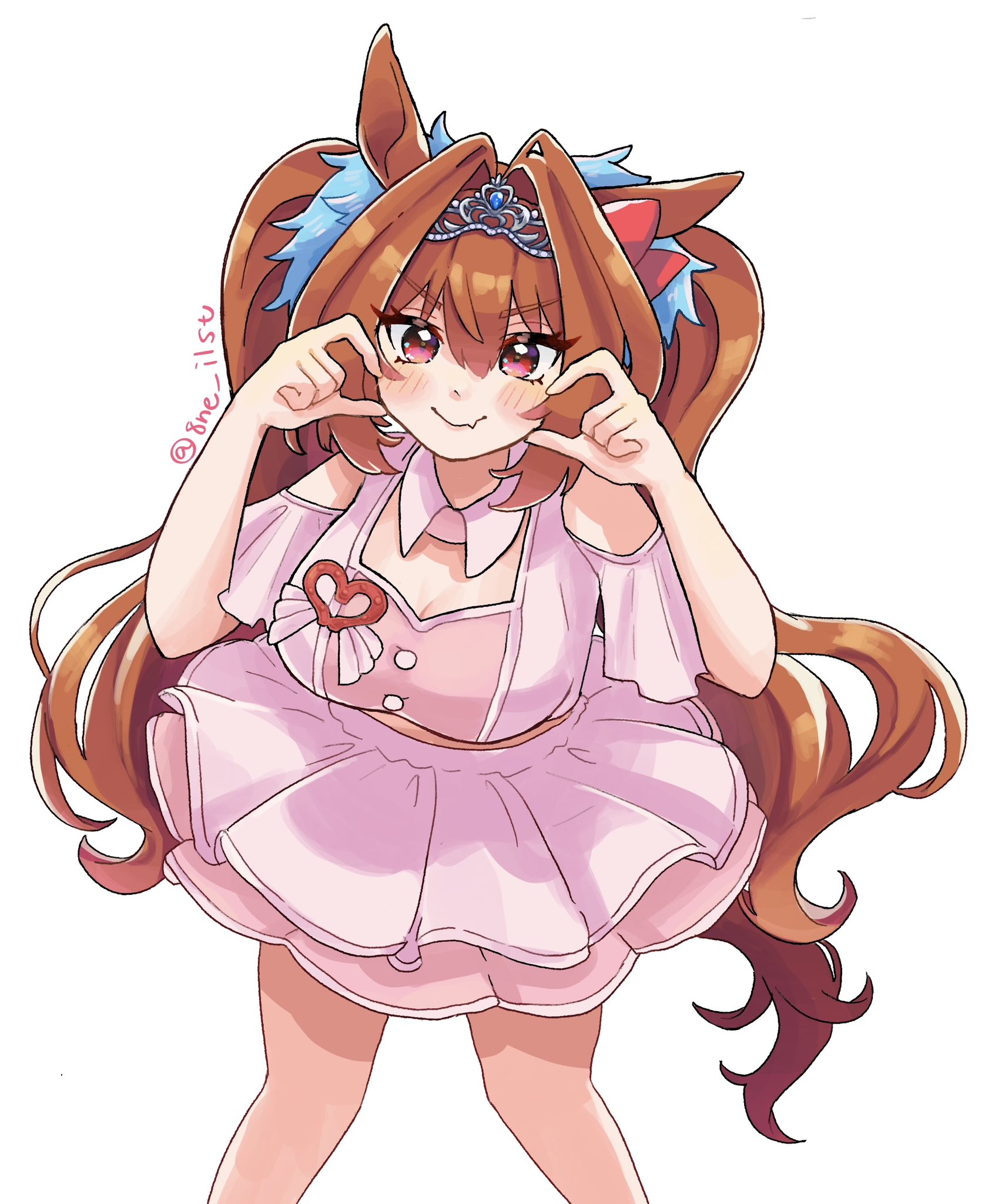 hane (yndyug2), daiwa scarlet (umamusume), umamusume, highres, 1girl, alternate costume, animal ears, bare shoulders, blush, bow, breasts, brown hair, closed mouth, detached collar, ear ornament, fang, hair between eyes, hair intakes, hair ornament, heart, heart hands, horse ears, horse girl, horse tail, large breasts, long hair, looking at viewer, pink shirt, pink skirt, red eyes, shirt, simple background, skin fang, skirt, smile, solo, tail, tiara, twintails, very long hair, white background