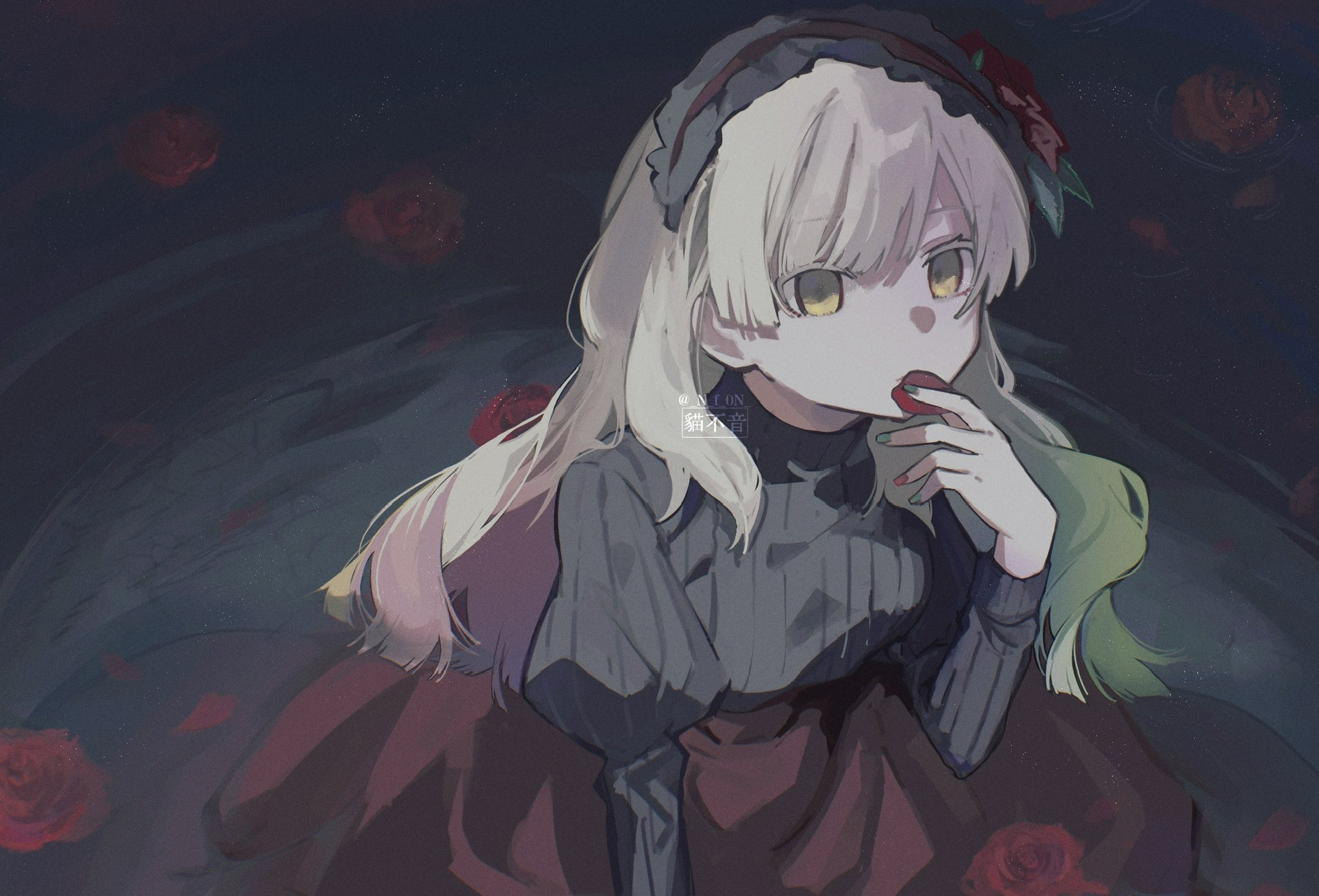 nyafu 1924, mayu (vocaloid), vocaloid, commentary request, highres, 1girl, aqua nails, black sweater, blonde hair, breasts, colored eyelashes, empty eyes, film grain, flower, frilled hairband, frills, gradient hair, green hair, hair between eyes, hair over shoulder, hairband, hand up, holding, holding petal, juliet sleeves, long hair, long skirt, long sleeves, looking ahead, multicolored hair, multicolored nails, nail polish, partially submerged, petals, puffy sleeves, red flower, red hair, red hairband, red nails, red petals, red rose, red skirt, ribbed sweater, rose, simple background, skirt, small breasts, solo, sweater, swept bangs, turtleneck, turtleneck sweater, twitter username, upper body, very long hair, water, watermark, yellow eyes
