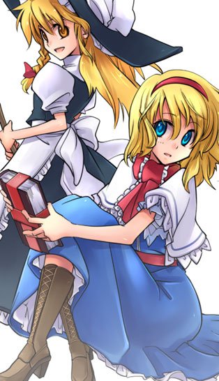 inuinui, alice margatroid, kirisame marisa, touhou, cross-laced footwear, bad id, bad pixiv id, 2girls, :d, apron, blonde hair, blue dress, blue eyes, book, boots, broom, capelet, dress, female focus, grimoire, grimoire of alice, hat, high heels, hip focus, hugging own legs, looking at viewer, multiple girls, necktie, open mouth, sash, shoes, simple background, sitting, smile, standing, waist apron, white background, witch, witch hat, yellow eyes