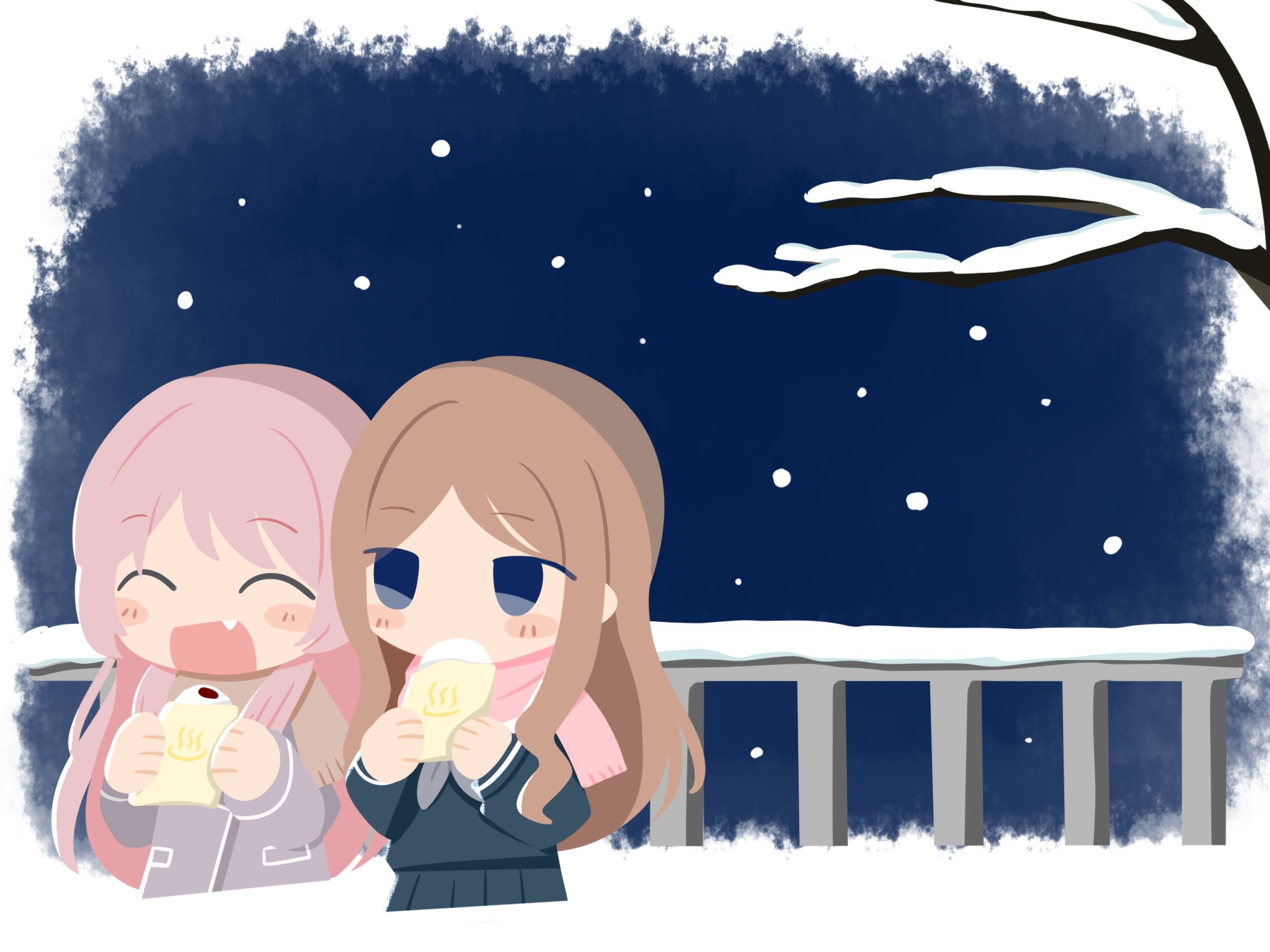 kino (kino01xyz), chihaya anon, nagasaki soyo, bang dream!, bang dream! it's mygo!!!!!, highres, 2girls, ^ ^, blue eyes, blue shirt, blue skirt, blush, brown hair, closed eyes, fang, grey jacket, grey neckerchief, haneoka school uniform, jacket, long hair, multiple girls, neckerchief, open mouth, pink hair, pleated skirt, school uniform, shirt, skirt, snow, tsukinomori school uniform