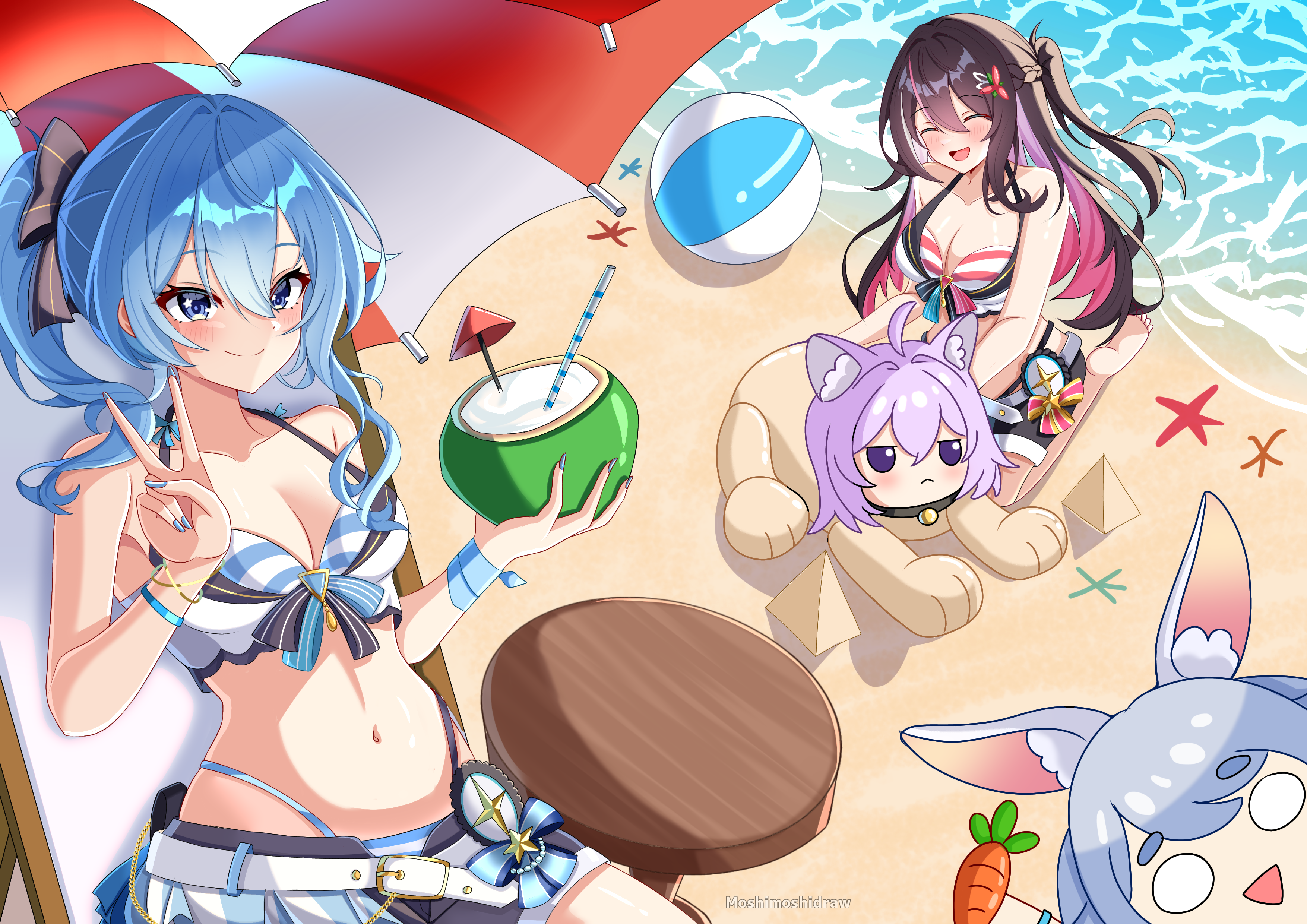 moshimoshidraw, azki (hololive), hoshimachi suisei, nekomata okayu, usada pekora, hololive, absurdres, highres, ball, beach, beach chair, beach umbrella, beachball, bikini, bikini under shorts, highleg, highleg bikini, hololive summer 2023 swimsuit, layered bikini, sand, striped bikini, striped clothes, swimsuit, umbrella, virtual youtuber