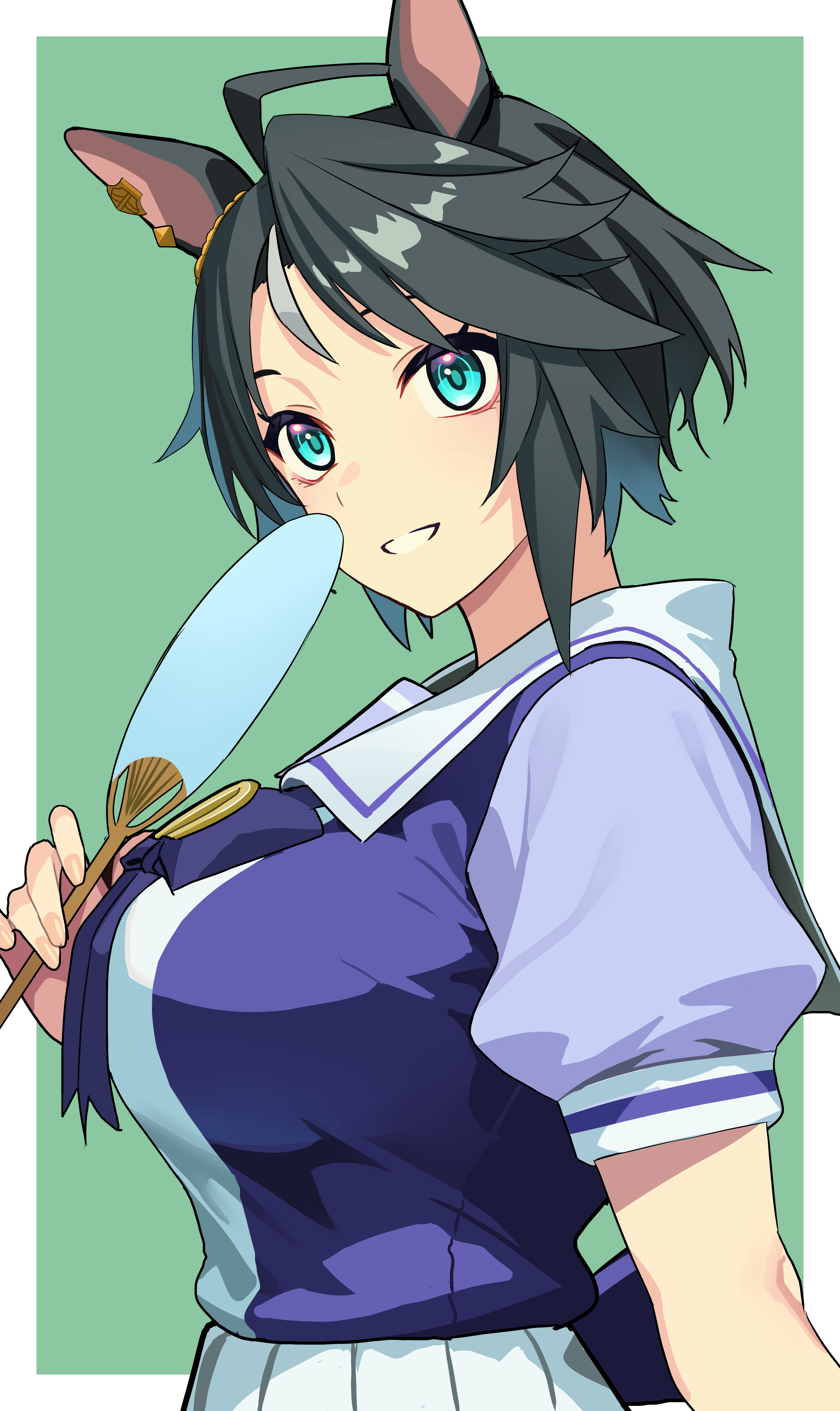 reibun (raven1119), fuji kiseki (umamusume), umamusume, absurdres, highres, 1girl, ahoge, animal ears, aqua eyes, black hair, border, bow, bowtie, breasts, green bow, hand fan, holding, holding fan, horse ears, horse girl, horseshoe ornament, large breasts, outside border, paper fan, purple bow, purple bowtie, purple shirt, sailor collar, sailor shirt, school uniform, shirt, short hair, simple background, skirt, smile, solo, tracen school uniform, uchiwa, upper body, white border, white sailor collar, white skirt, white streaks