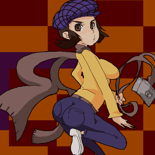 lowres, 1girl, camera, female focus, hat, oekaki, scarf, solo