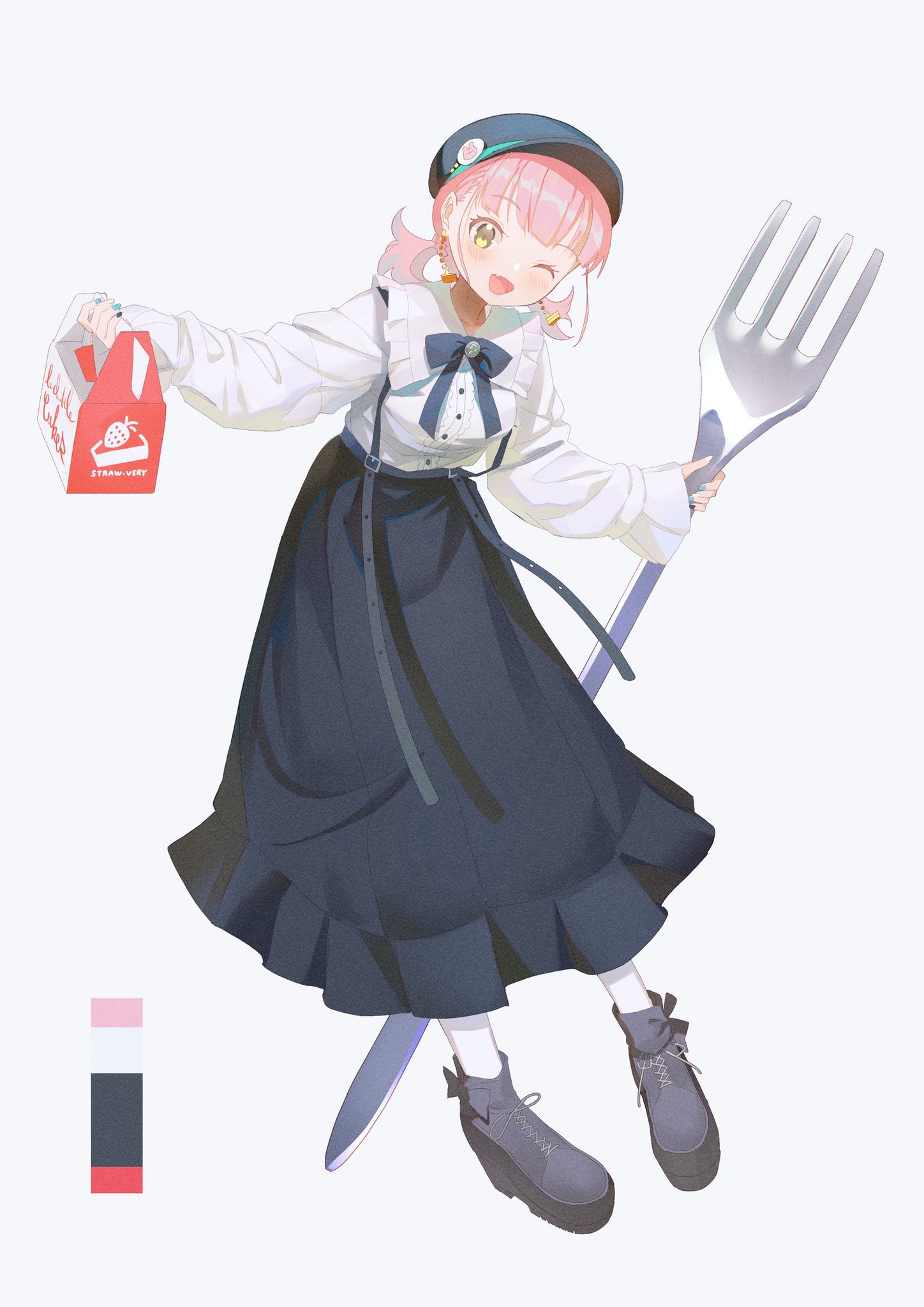 jdge, original, highres, 1girl, ;d, bag, beret, black skirt, blush, bow, earrings, food, fork, full body, hat, holding, holding bag, holding fork, jewelry, long skirt, long sleeves, looking at viewer, low twintails, one eye closed, open mouth, pink hair, shirt, short twintails, simple background, skirt, smile, solo, twintails, white background, white shirt, yellow eyes