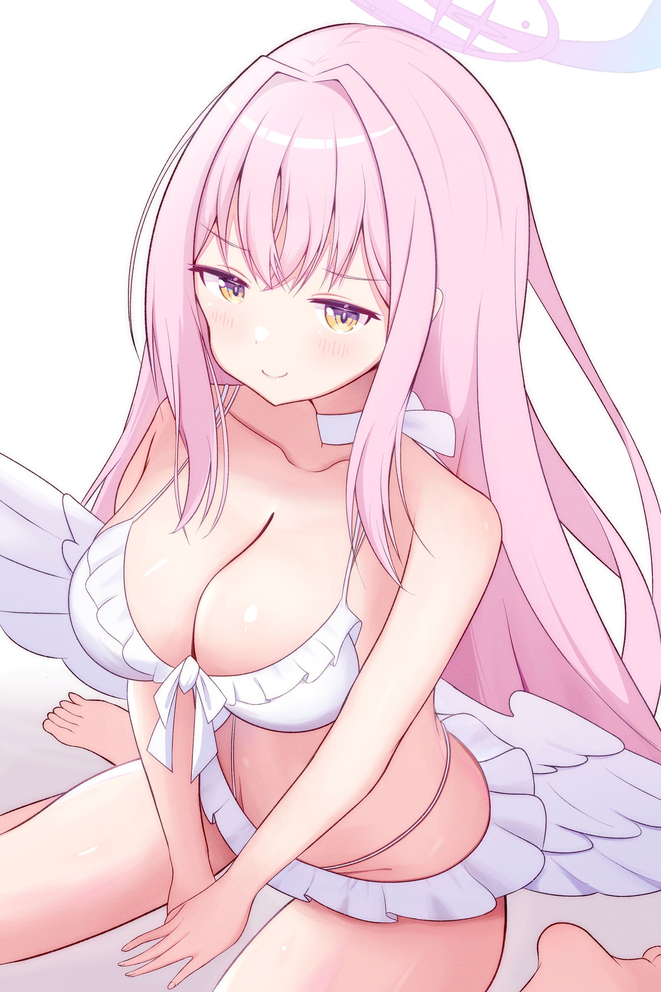 mika (blue archive), mika (swimsuit) (blue archive), blue archive, absurdres, highres, 1girl, angel wings, bare shoulders, bikini, blush, breasts, choker, cleavage, closed mouth, collarbone, feathered wings, frilled bikini, frills, kemuri0903, large breasts, long hair, looking at viewer, low wings, official alternate costume, official alternate hairstyle, pink hair, simple background, sitting, smile, solo, stomach, swimsuit, very long hair, wariza, white background, white bikini, white choker, white wings, wings, yellow eyes