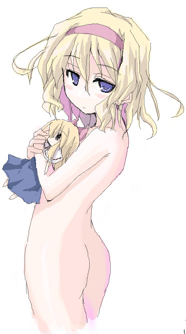 mochiki, alice margatroid, shanghai doll, touhou, 1girl, ass, blonde hair, blue dress, blue eyes, blush, capelet, completely nude, dress, female focus, from behind, looking at viewer, looking back, nude, oekaki, simple background, sketch, solo, standing, white background