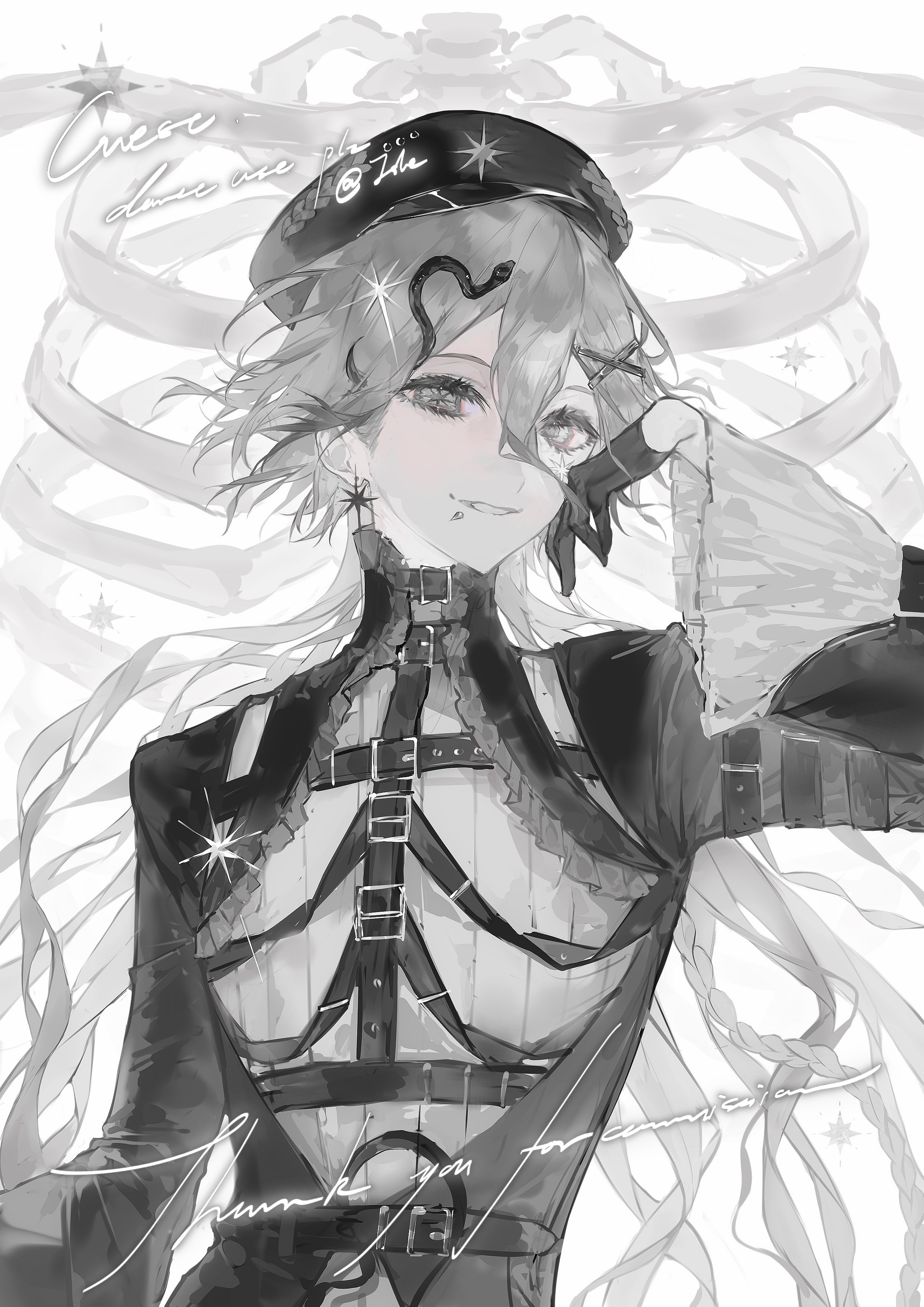 original, absurdres, highres, 1boy, androgynous, belt, beret, bishounen, black gloves, bone, braid, collar, earrings, frilled sleeves, frills, gloves, grey hair, greyscale, hair between eyes, hair ornament, hairclip, half gloves, hand up, harness, hat, heilanshuimuchu, jewelry, long hair, long sleeves, looking at viewer, male focus, monochrome, piercing, snake hair ornament, solo