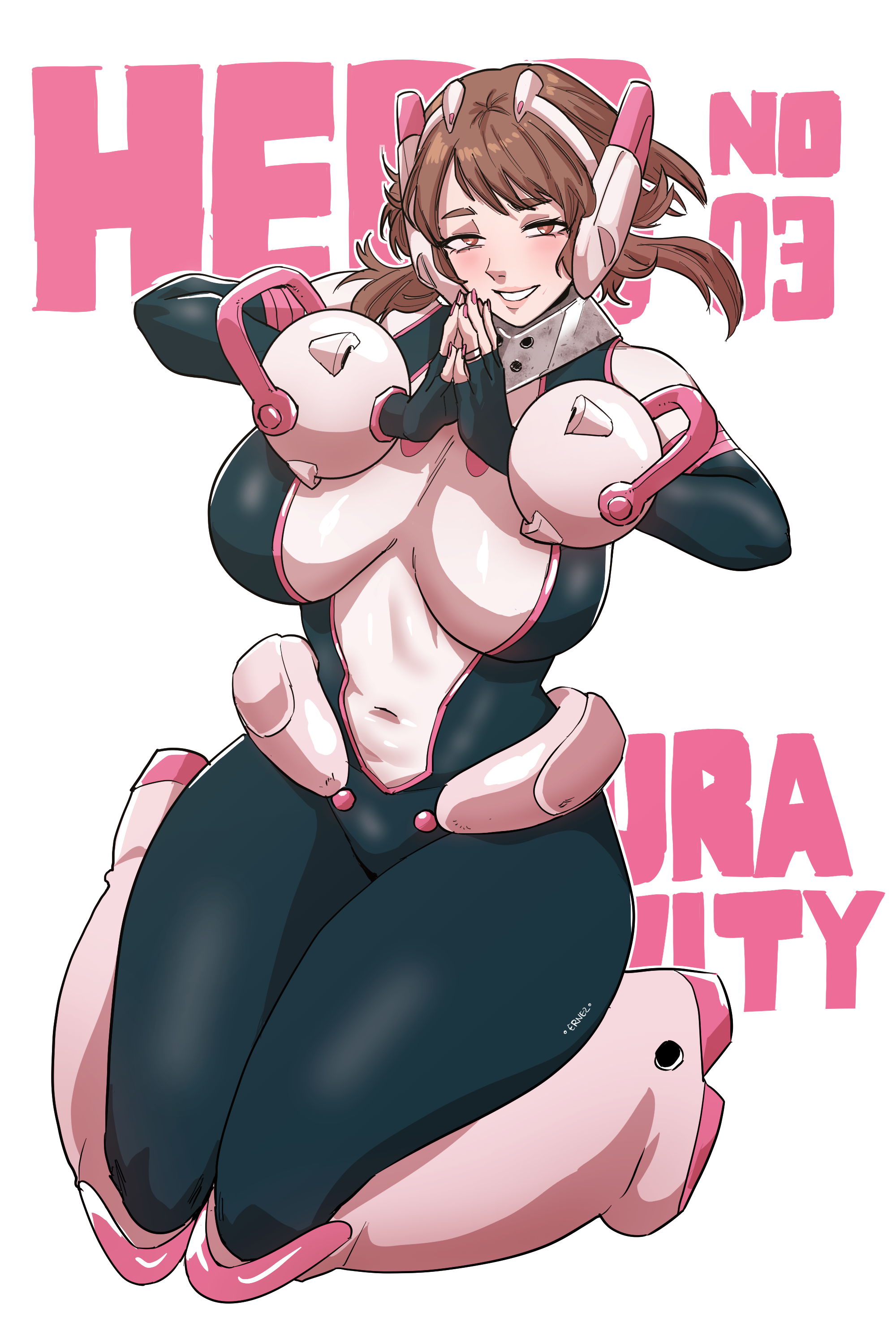 ernez (jerukperaz), uraraka ochako, boku no hero academia, absurdres, highres, 1girl, bodysuit, breasts, brown eyes, brown hair, large breasts, looking at viewer, mature female, simple background, smile, solo, white background
