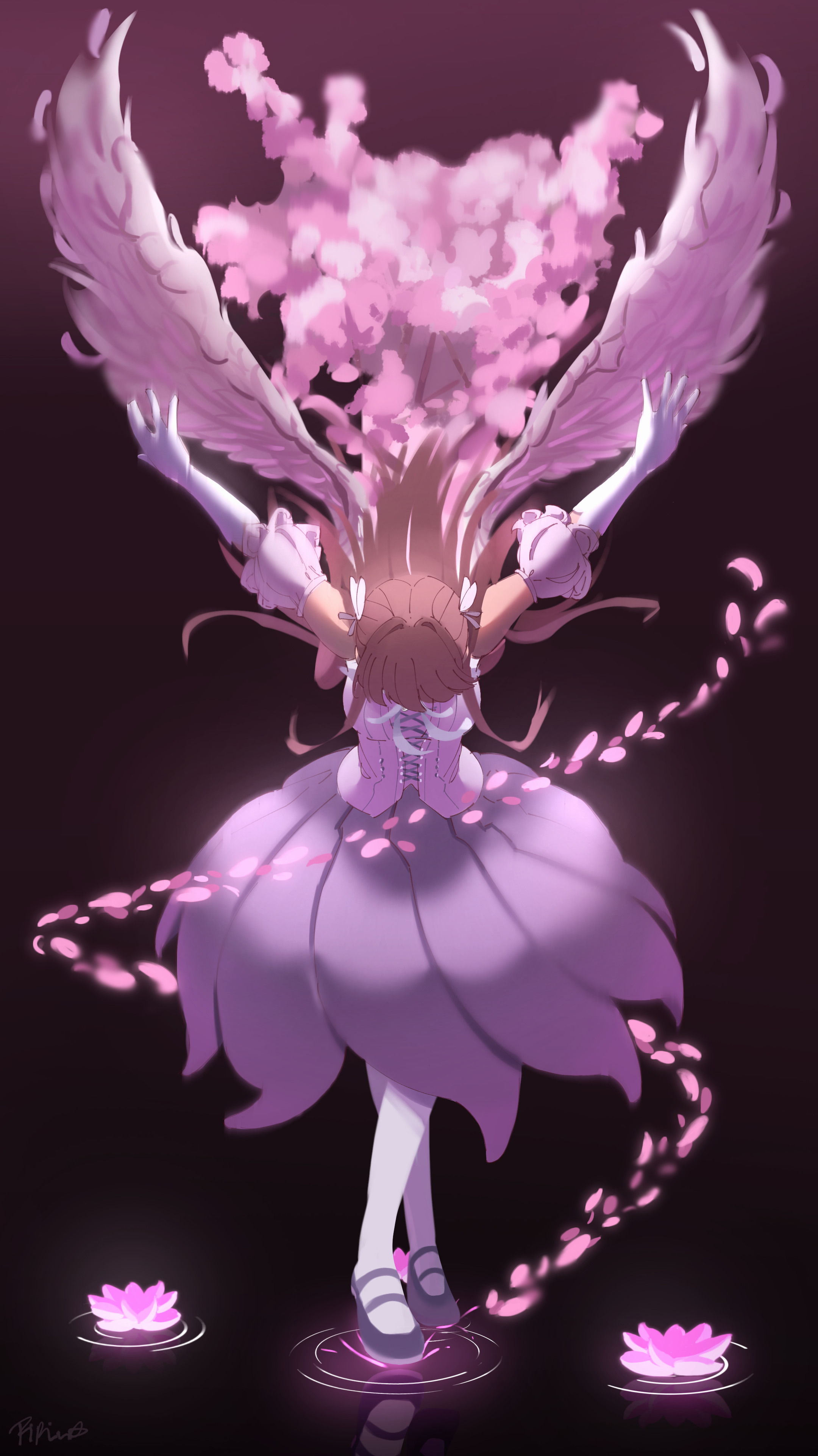 piririi, fujishima megumi, link! like! love live!, love live!, absurdres, commentary request, highres, 1girl, aurora flower (love live!), black shoes, brown hair, butterfly hair ornament, cross-laced clothes, cross-laced top, crossed legs, detached sleeves, elbow gloves, flower, full body, gloves, hair ornament, long hair, lotus, official alternate costume, pantyhose, pink flower, pink petals, pink skirt, puffy short sleeves, puffy sleeves, shirt, shoes, short sleeves, signature, skirt, sleeveless, sleeveless shirt, solo, standing, standing on liquid, virtual youtuber, watson cross, white gloves, white pantyhose, white shirt, white wings, wings
