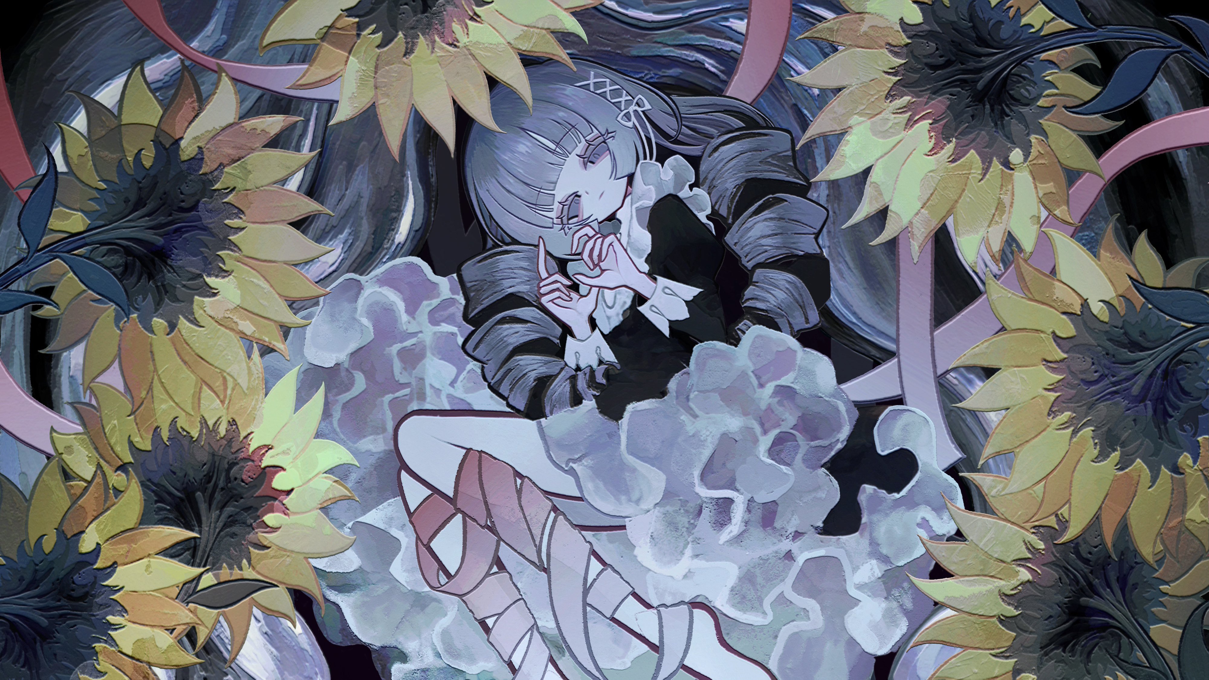 samejima nurie, vocaloid, absurdres, highres, 1girl, bake no hana (vocaloid), black dress, black hair, blunt bangs, dress, drill hair, flower, frilled dress, frills, grey eyes, grey hair, hair ornament, heart, heart hands, long hair, long sleeves, looking at viewer, pink ribbon, ribbon, solo, sunflower, very long hair