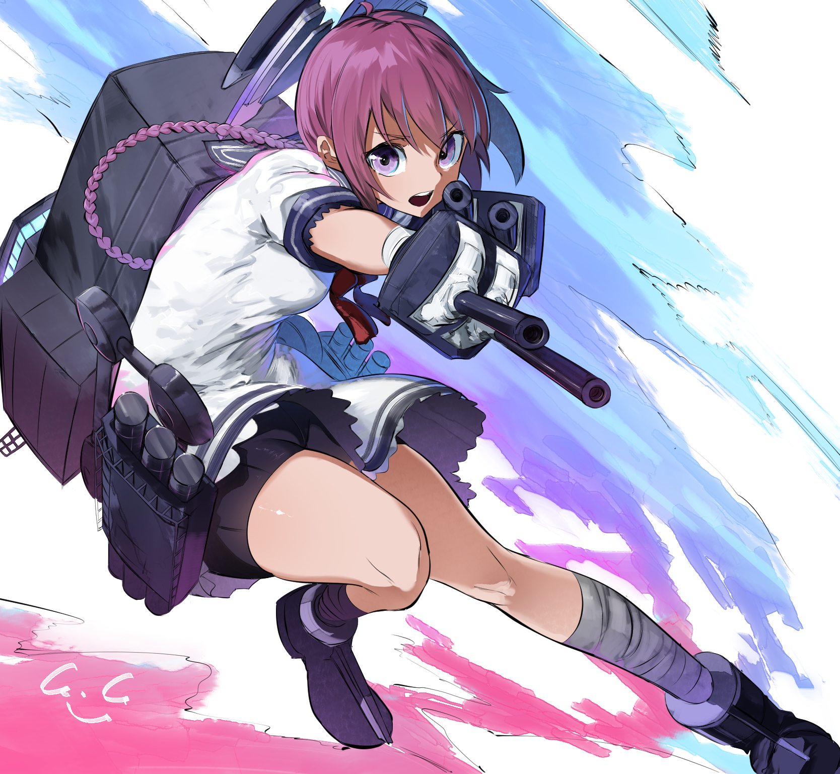 gegesan, nenohi (kancolle), kantai collection, highres, 1girl, adapted turret, bandaged arm, bandaged leg, bandages, bike shorts, bow, braid, dress, headgear, long hair, pink hair, purple eyes, red bow, sailor collar, sailor dress, solo, torpedo launcher