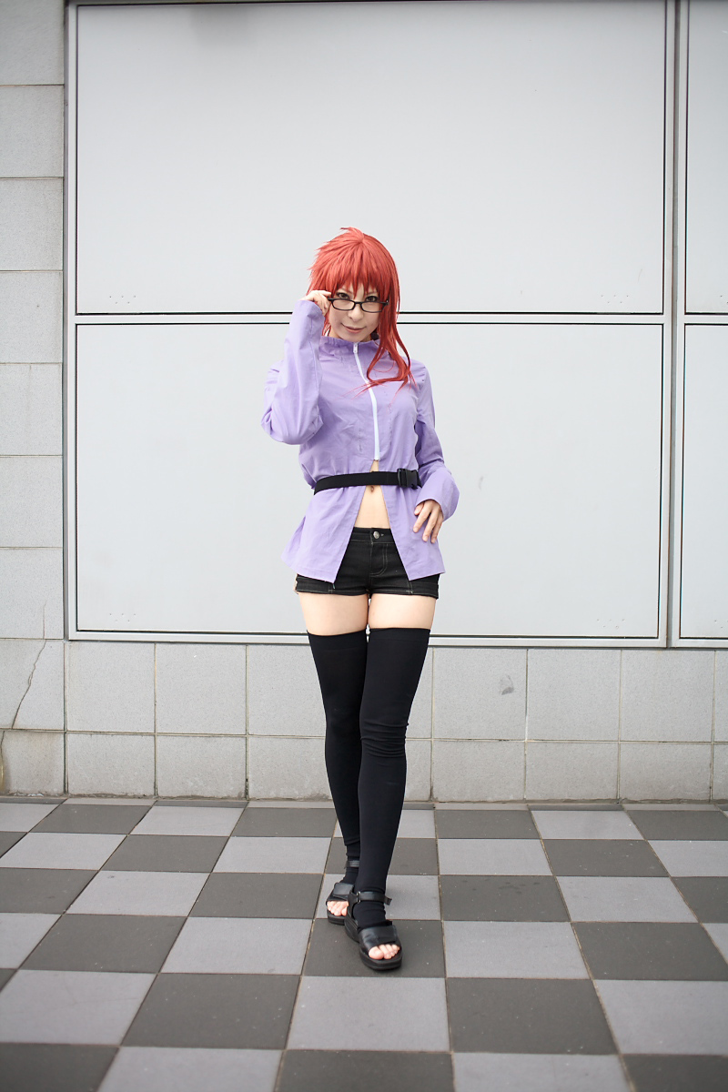 ari (model), karin (naruto), naruto (series), naruto shippuuden, highres, photo (medium), 1girl, belt, cosplay, female focus, full body, glasses, karin (naruto) (cosplay), looking at viewer, midriff, red hair, solo, standing, thighhighs