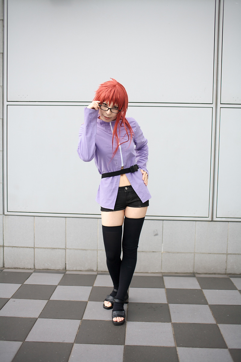 ari (model), karin (naruto), naruto (series), naruto shippuuden, highres, photo (medium), 1girl, belt, cosplay, female focus, full body, glasses, karin (naruto) (cosplay), looking at viewer, midriff, red hair, short shorts, shorts, solo, standing, thighhighs