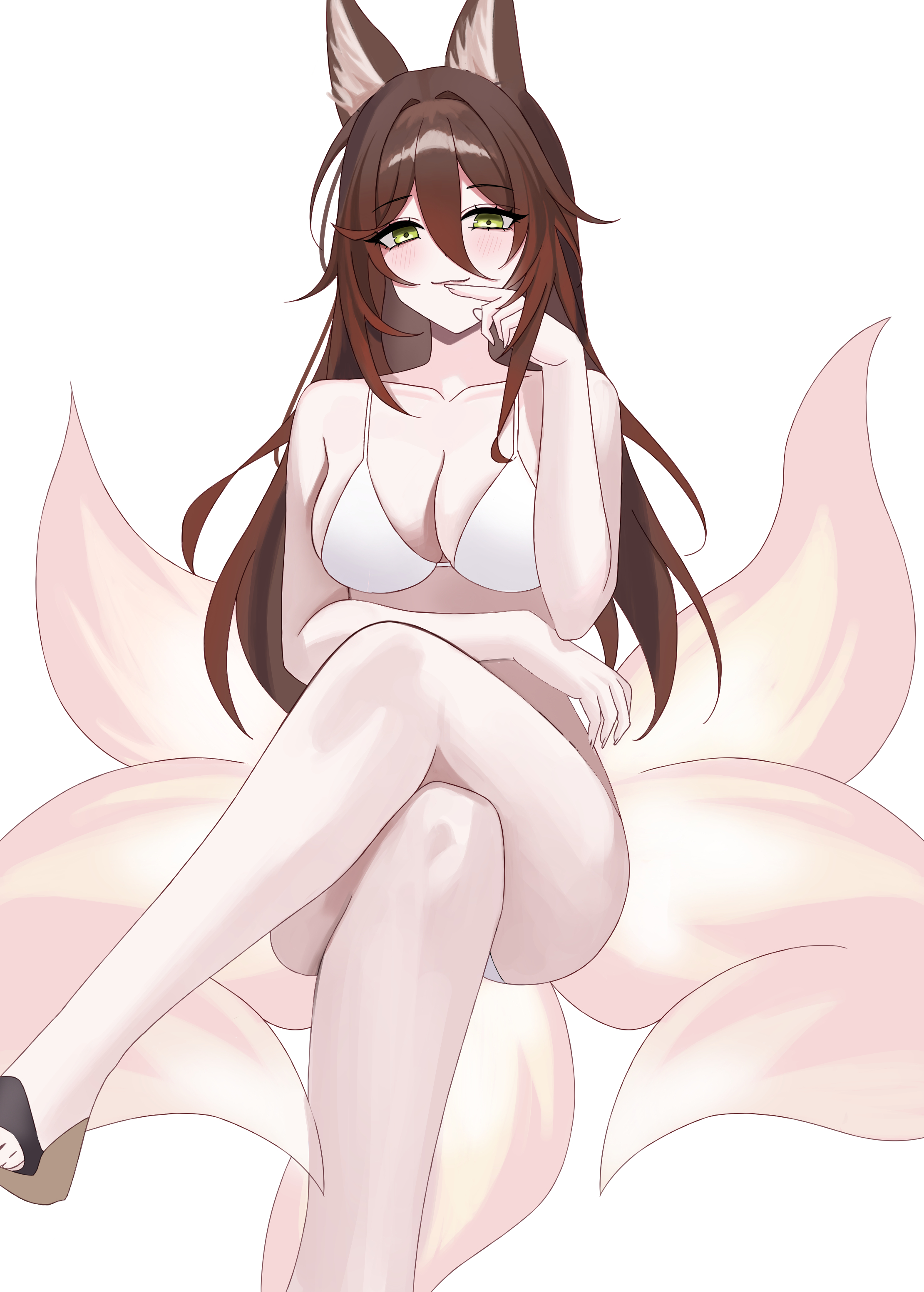 raki kr, fugue (honkai: star rail), tingyun (honkai: star rail), honkai: star rail, honkai (series), absurdres, commentary, highres, revision, 1girl, alternate costume, animal ear fluff, animal ears, bare shoulders, bikini, blush, breasts, brown hair, cleavage, closed mouth, collarbone, crossed legs, feet out of frame, fingernails, fox ears, fox girl, green eyes, hair between eyes, hand up, invisible chair, kitsune, kyuubi, long hair, looking at viewer, medium breasts, multiple tails, simple background, sitting, smile, smirk, solo, swimsuit, tail, white background, white bikini