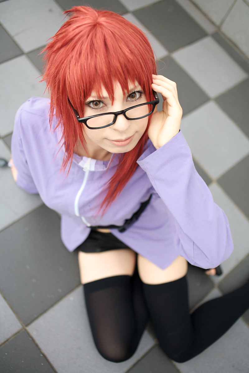 ari (model), karin (naruto), naruto (series), naruto shippuuden, highres, photo (medium), 1girl, belt, cosplay, female focus, glasses, karin (naruto) (cosplay), looking at viewer, midriff, red hair, solo, thighhighs