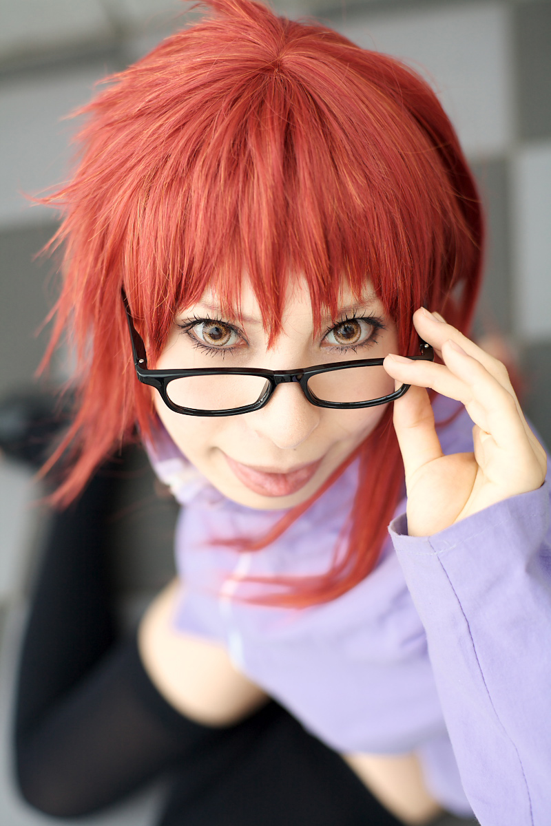 ari (model), karin (naruto), naruto (series), naruto shippuuden, highres, photo (medium), 1girl, belt, cosplay, female focus, glasses, karin (naruto) (cosplay), looking at viewer, red hair, solo, thighhighs