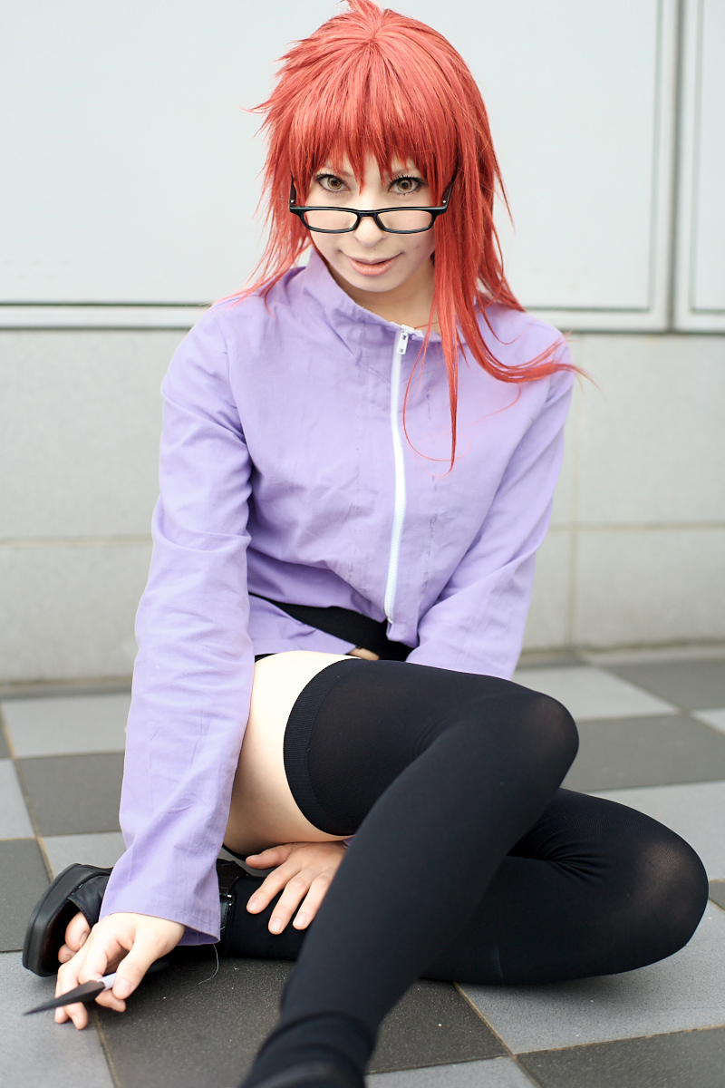 ari (model), karin (naruto), naruto (series), naruto shippuuden, highres, photo (medium), 1girl, belt, cosplay, female focus, glasses, karin (naruto) (cosplay), looking at viewer, red hair, solo, thighhighs