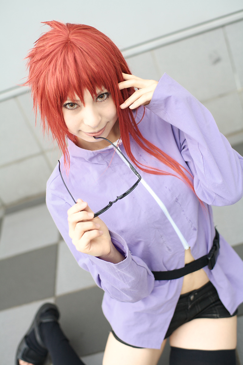 ari (model), karin (naruto), naruto (series), naruto shippuuden, highres, photo (medium), 1girl, belt, cosplay, female focus, glasses, karin (naruto) (cosplay), looking at viewer, midriff, red hair, solo, thighhighs