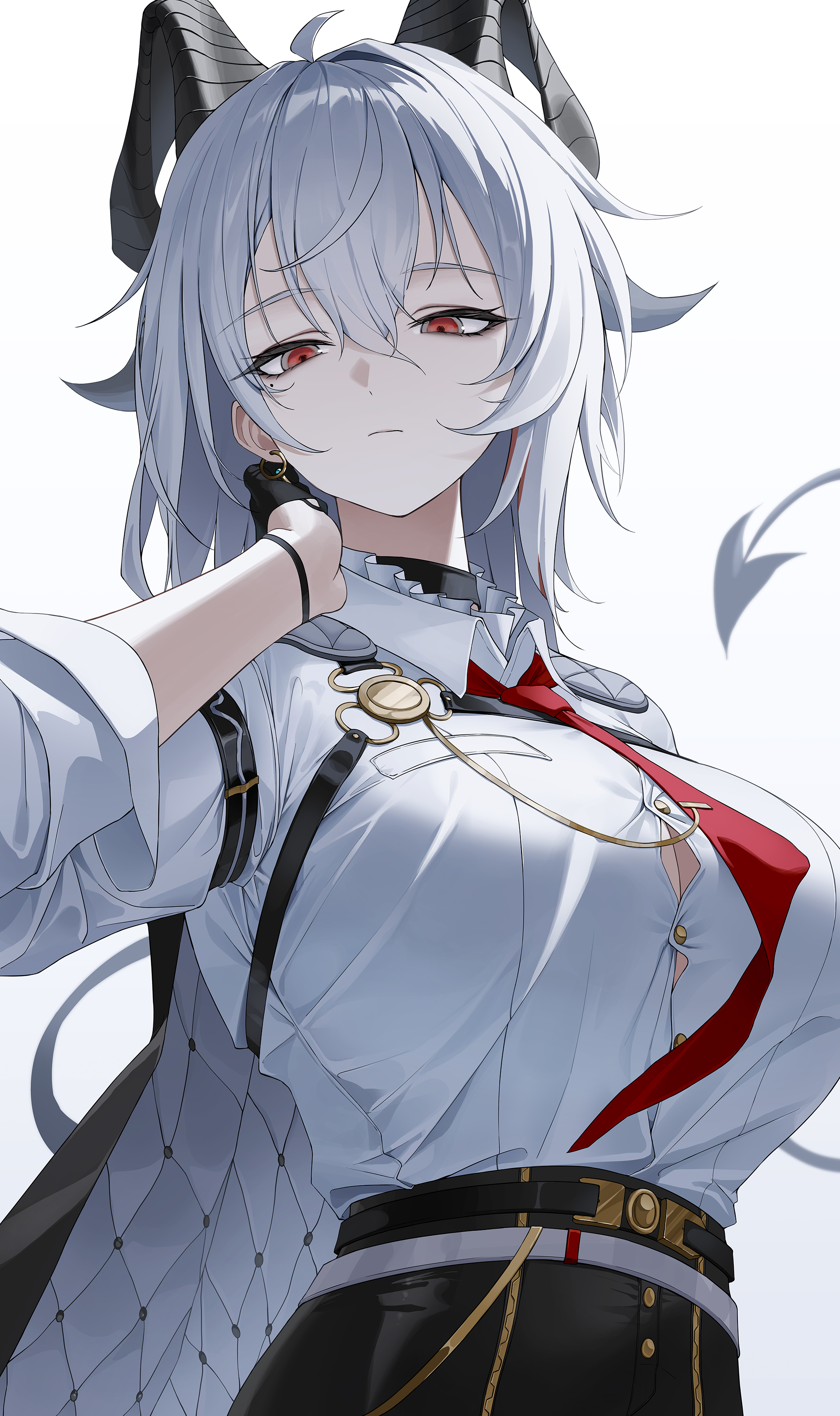 moda (mo da 3), zani (wuthering waves), wuthering waves, absurdres, highres, 1girl, ahoge, black choker, black gloves, black horns, black jacket, black pants, button gap, chest harness, choker, closed mouth, collared shirt, cowboy shot, curled horns, demon tail, earrings, gloves, hair between eyes, hand up, harness, high-waist pants, horns, jacket, jacket on shoulders, jewelry, key earrings, long hair, looking at viewer, mole, mole under eye, multicolored hair, necktie, pants, red eyes, red necktie, shirt, shirt tucked in, solo, streaked hair, tail, white shirt