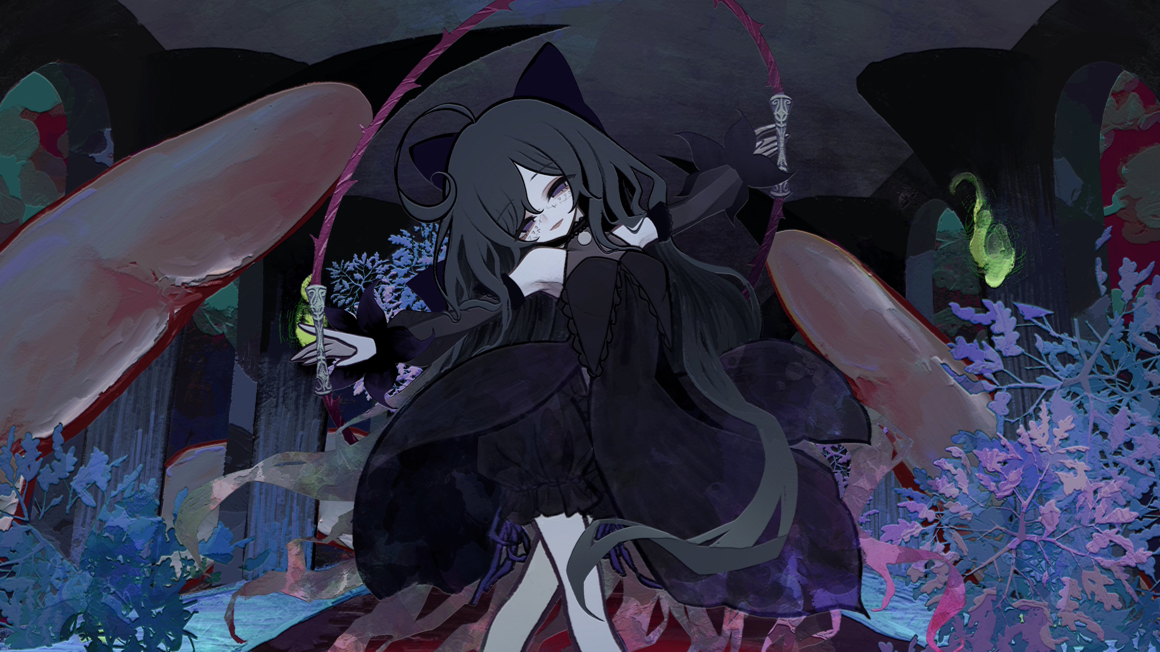 samejima nurie, original, absurdres, highres, 1girl, ahoge, bare shoulders, black bow, black dress, black hair, bloomers, bow, bug, detached sleeves, dress, feet out of frame, flower, hair bow, half-closed eyes, holding, long hair, long sleeves, looking at viewer, pale skin, purple eyes, see-through clothes, smile, solo, underwear, very long hair