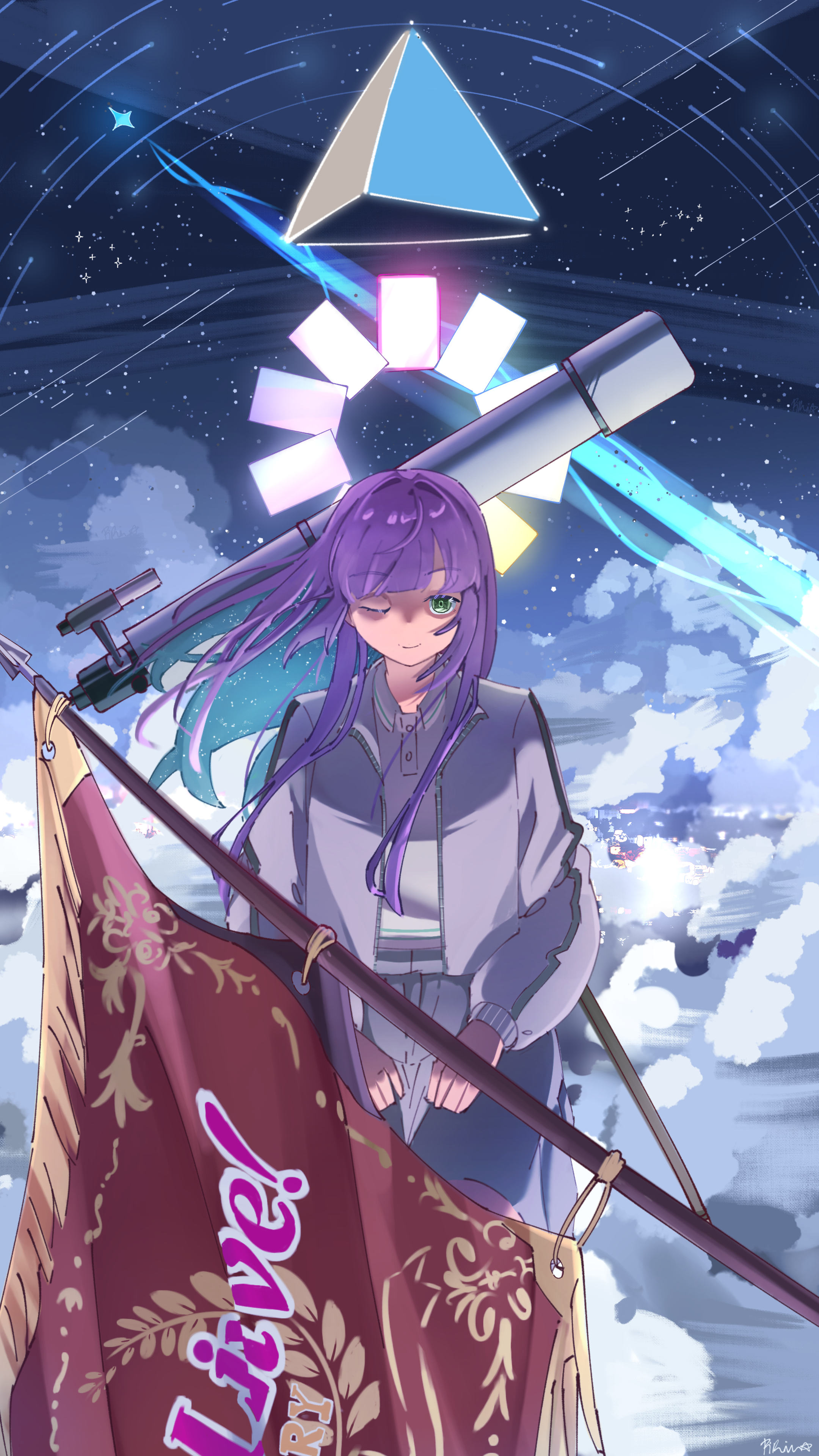 piririi, otomune kozue, otomune kozue (winter training wear), link! like! love live!, love live!, absurdres, commentary, highres, 1girl, ;), card, cloud, flag, floating hair, green eyes, hair down, jacket, long sleeves, looking at viewer, love live! victory flag, night, night sky, official alternate hairstyle, one eye closed, open clothes, open jacket, polo shirt, purple hair, purple jacket, pyramid (geometry), seiza, shirt, shooting star, sidelocks, sitting, sky, smile, solo, star (sky), starry sky, telescope, virtual youtuber, walking, white shirt