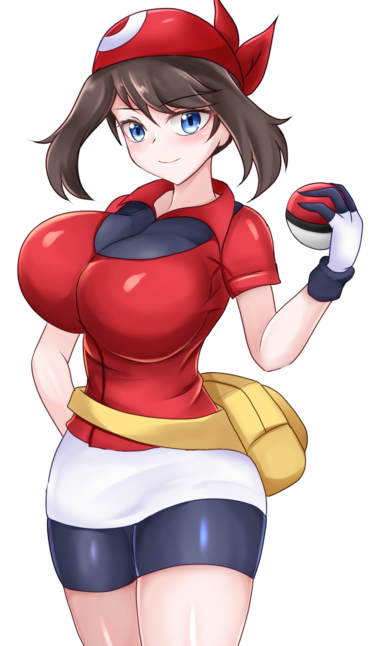 evil-m6666, may (pokemon), nintendo, pokemon, highres, 1girl, bandana, bike shorts, blue eyes, breasts, brown hair, captain rs, gloves, holding, holding poke ball, large breasts, looking at viewer, poke ball, poke ball (basic), shirt, shorts, simple background, smile, solo, thighs, white background