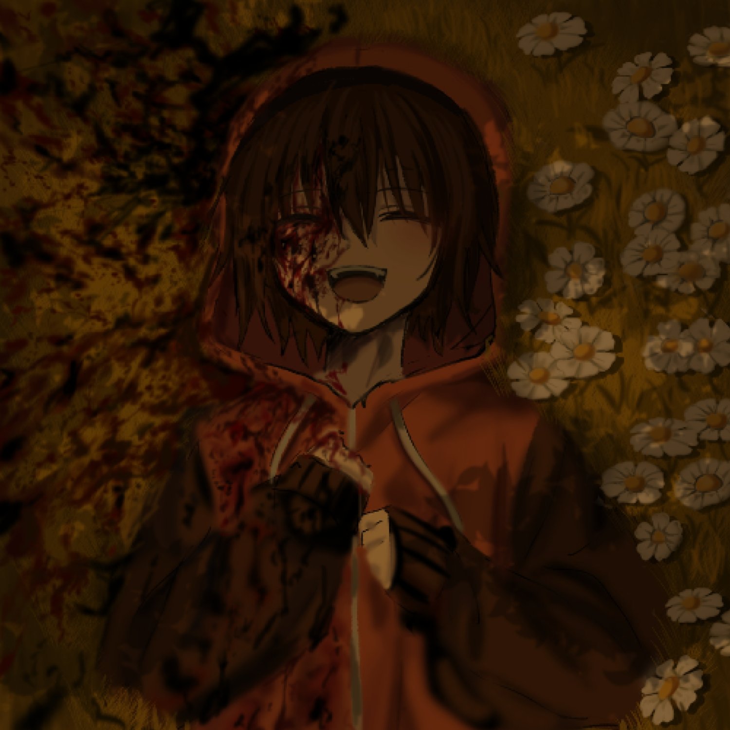 debakshotgun0, gwak jun-hyeong, zombie high school, highres, 1boy, 1girl, :d, blood, blood on clothes, blood on face, brown hair, closed eyes, drawstring, facing viewer, flower, hair between eyes, hood, hood up, hoodie, long sleeves, lying, male focus, on back, open mouth, outdoors, red hoodie, short hair, sleeves past wrists, smile, solo, upper body, white flower