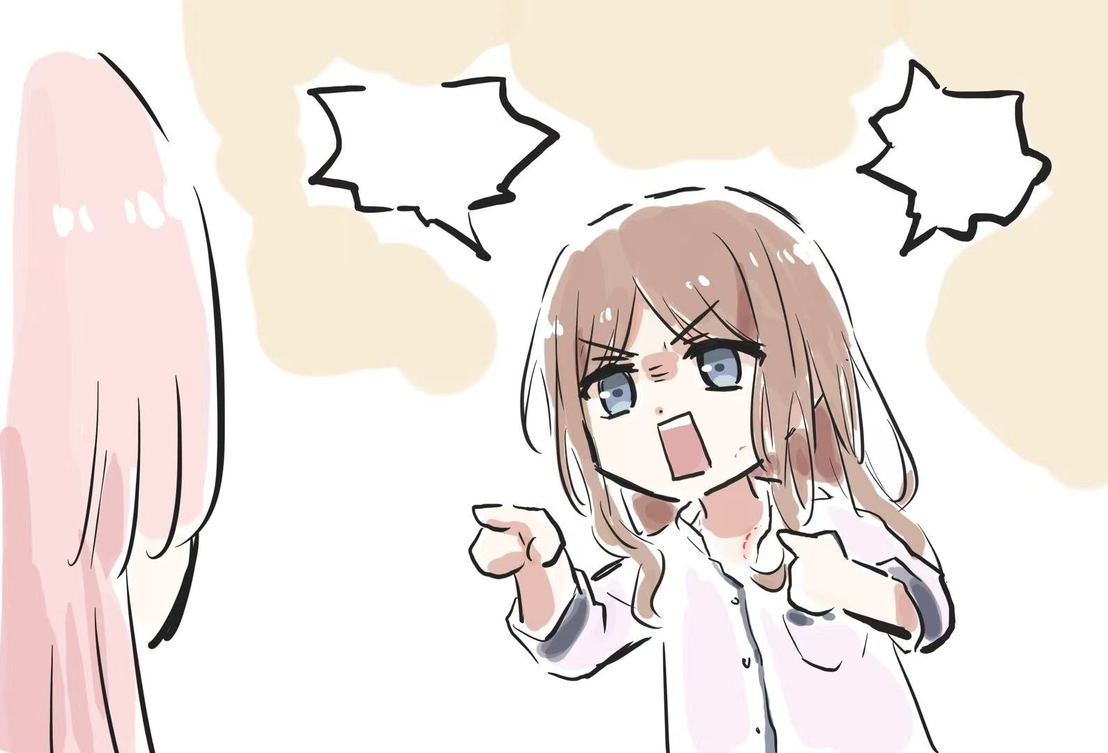 lyy, chihaya anon, nagasaki soyo, bang dream!, bang dream! it's mygo!!!!!, commentary request, 2girls, bite mark, bite mark on face, bite mark on shoulder, blue eyes, brown hair, long hair, long sleeves, multiple girls, pajamas, shirt, sidelocks, yuri