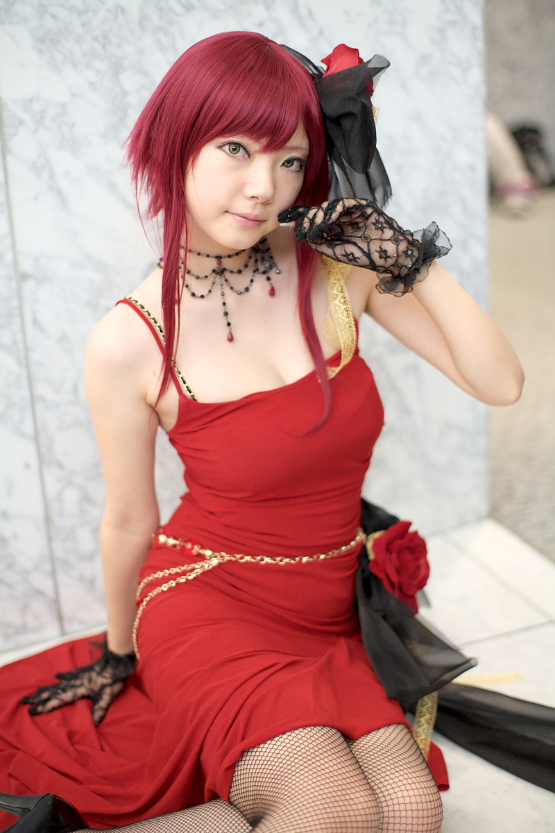 roberia maria della firenza, ibara, sound horizon, fishnet legwear, highres, photo (medium), cosplay, dress, fishnets, flower, gloves, hair ribbon, lace, ribbon