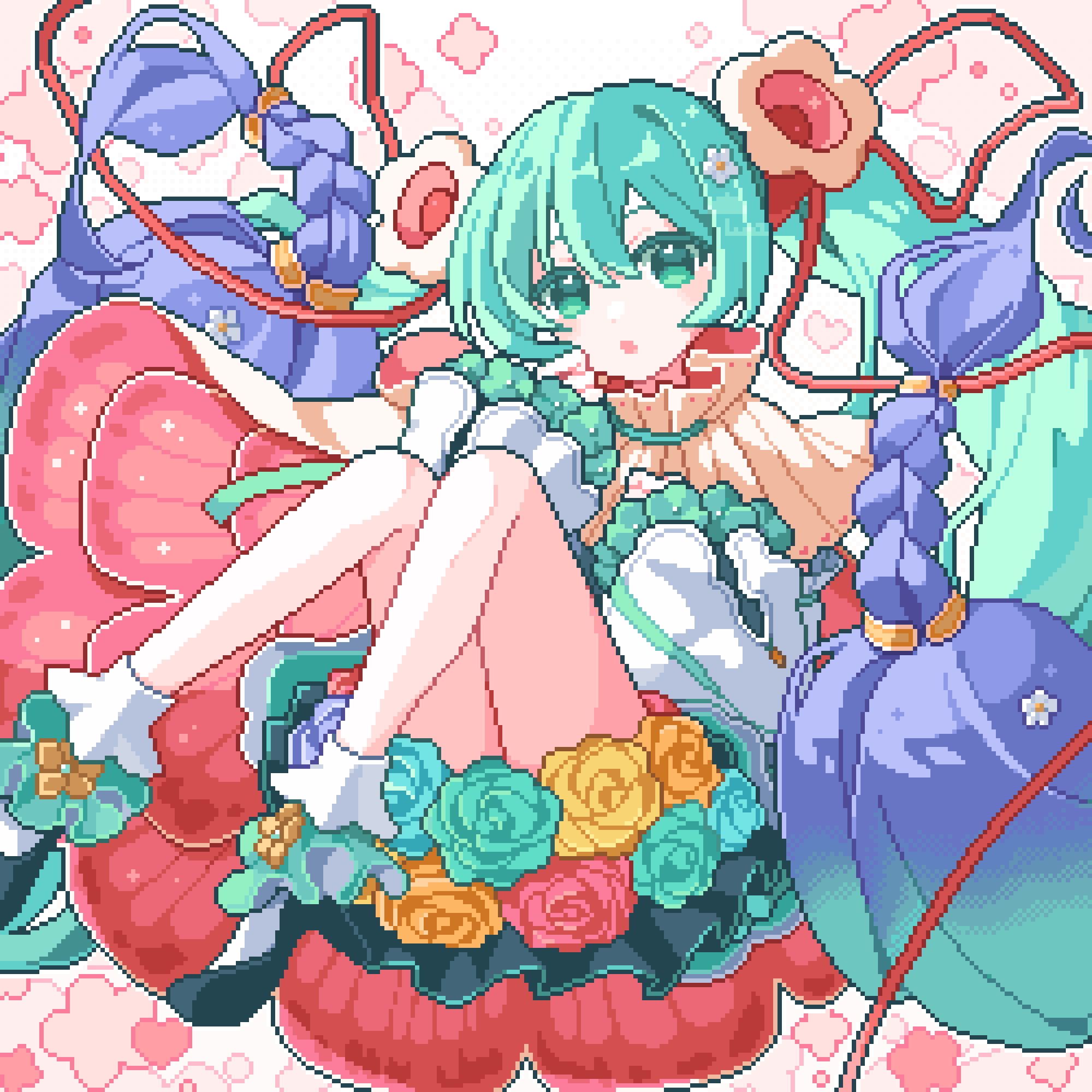 amefu luna, hatsune miku, magical mirai miku, magical mirai miku (2021), magical mirai (vocaloid), vocaloid, highres, 1girl, black dress, black hair, blunt bangs, dress, drill hair, flower, frilled dress, frills, grey eyes, grey hair, hair ornament, heart, heart hands, long hair, long sleeves, looking at viewer, pink ribbon, ribbon, solo, sunflower, very long hair