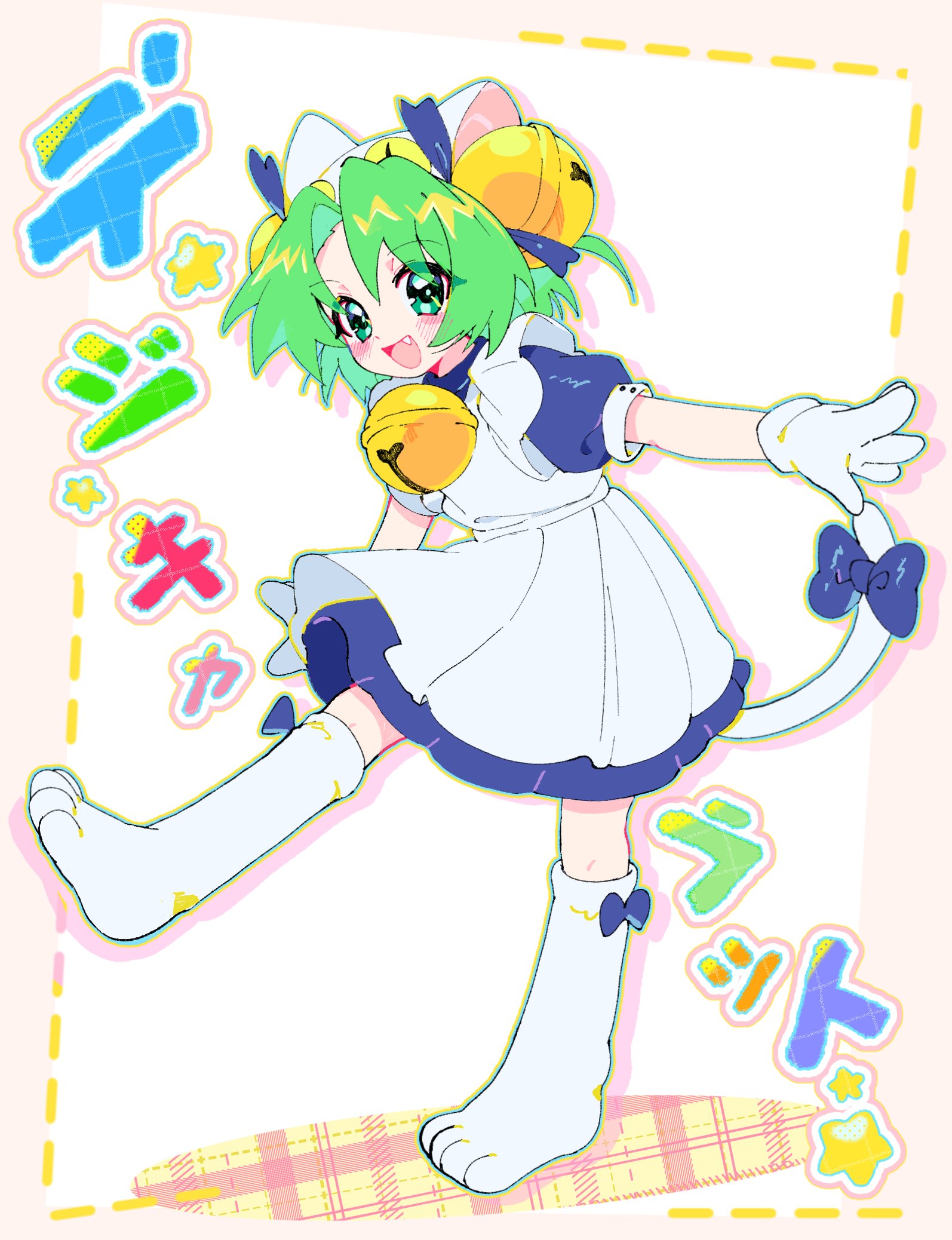 chou ji yun, dejiko, di gi charat, commentary, highres, symbol-only commentary, 1girl, :d, animal hat, apron, bell, blue bow, blue dress, blue ribbon, bow, cat girl, cat hat, cat tail, dress, fang, full body, gloves, green eyes, green hair, hair bell, hair ornament, hair ribbon, hat, jingle bell, looking at viewer, medium hair, neck bell, open mouth, parted bangs, paw shoes, puffy short sleeves, puffy sleeves, ribbon, shoes, short sleeves, smile, solo, standing, standing on one leg, tail, tail bow, tail ornament, two side up, white apron, white gloves, white hat, white shoes