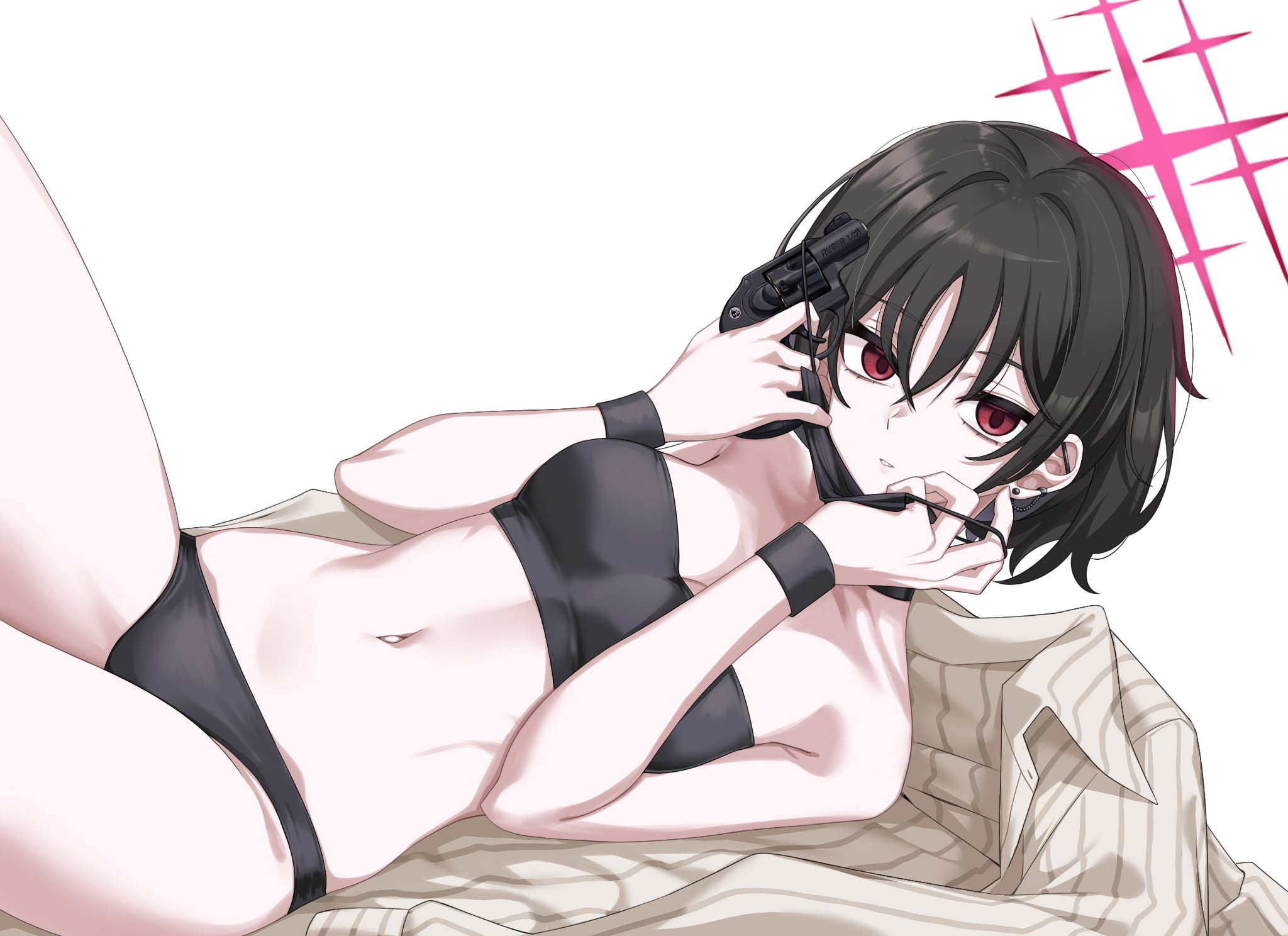 ivan wang, misaki (blue archive), misaki (swimsuit) (blue archive), blue archive, commentary request, highres, 1girl, bags under eyes, barbell piercing, bikini, black bikini, black choker, black hair, black mask, breasts, choker, ear piercing, gun, halo, handgun, holding, holding gun, holding weapon, industrial piercing, lying, mask, medium breasts, mouth mask, navel, official alternate costume, on side, parted lips, piercing, pinstripe pattern, pinstripe shirt, red eyes, red halo, removing mask, revolver, ruger lcr, shirt, short hair, simple background, solo, stomach, striped clothes, striped shirt, surgical mask, swimsuit, unworn shirt, vertical-striped clothes, vertical-striped shirt, weapon, white background