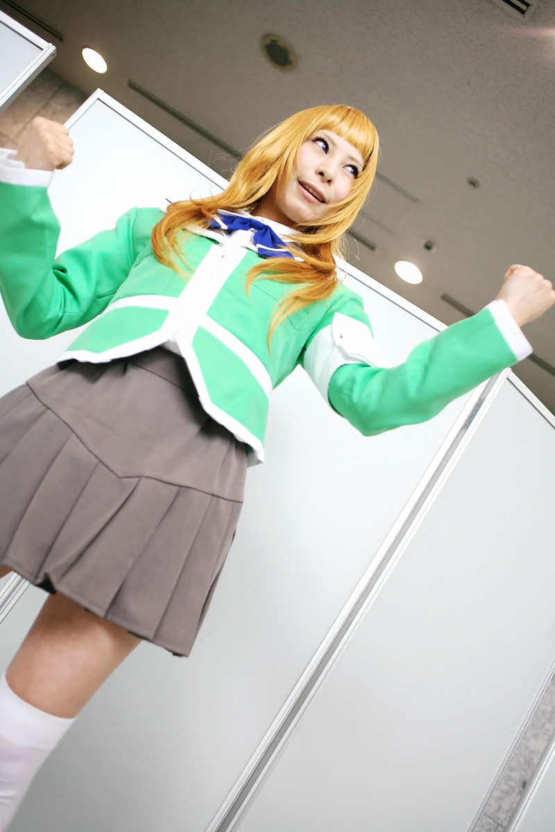 ari (model), suzushiro haruka, my-hime, highres, photo (medium), armband, blonde hair, cosplay, school uniform, serafuku, thighhighs