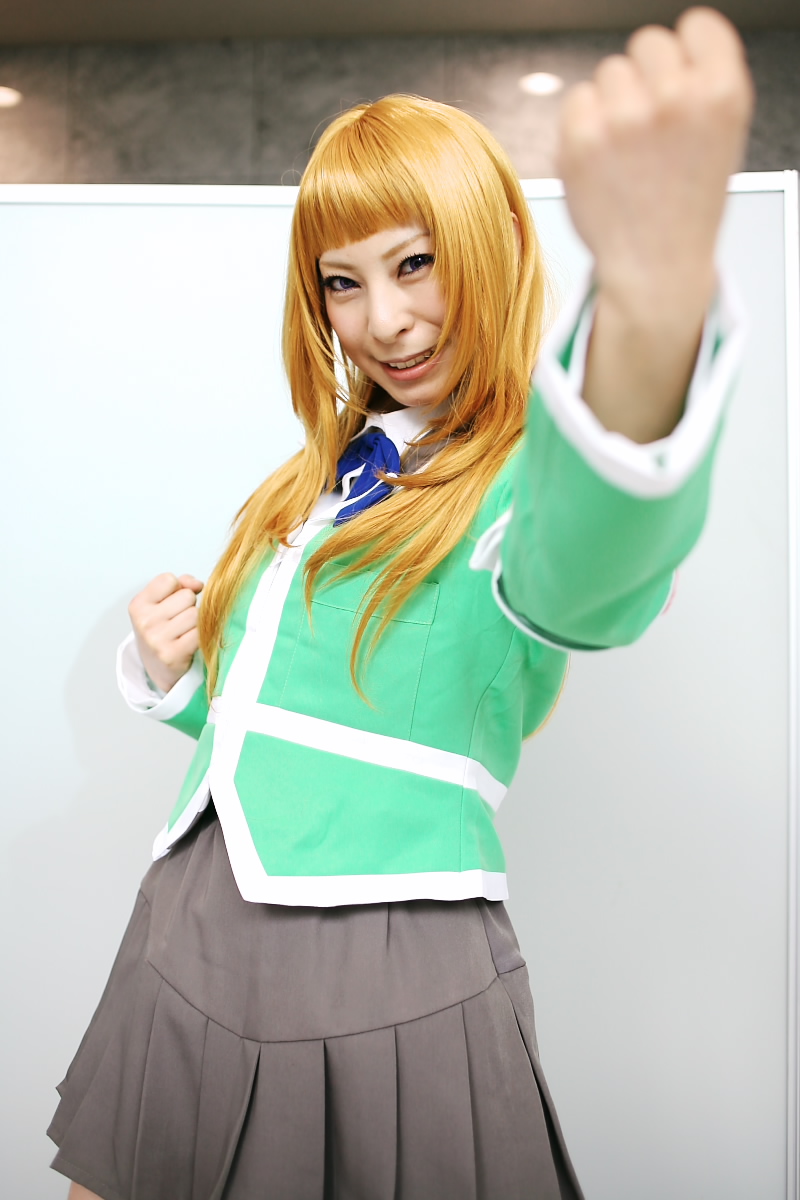 ari (model), suzushiro haruka, my-hime, highres, photo (medium), armband, blonde hair, cosplay, school uniform, serafuku