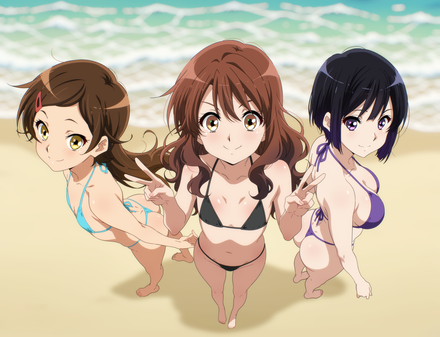 sbel02, katou hazuki, kousaka reina, oumae kumiko, hibike! euphonium, commentary, alternate costume, alternate hairstyle, arched back, ass, barefoot, beach, bikini, black bikini, black hair, blue bikini, breasts, brown eyes, brown hair, closed mouth, collarbone, day, double v, foreshortening, from above, full body, hair ornament, hairclip, halterneck, long hair, looking at viewer, looking up, medium breasts, outdoors, purple bikini, purple eyes, sand, shore, short hair, small breasts, smile, standing, swimsuit, thong bikini, v