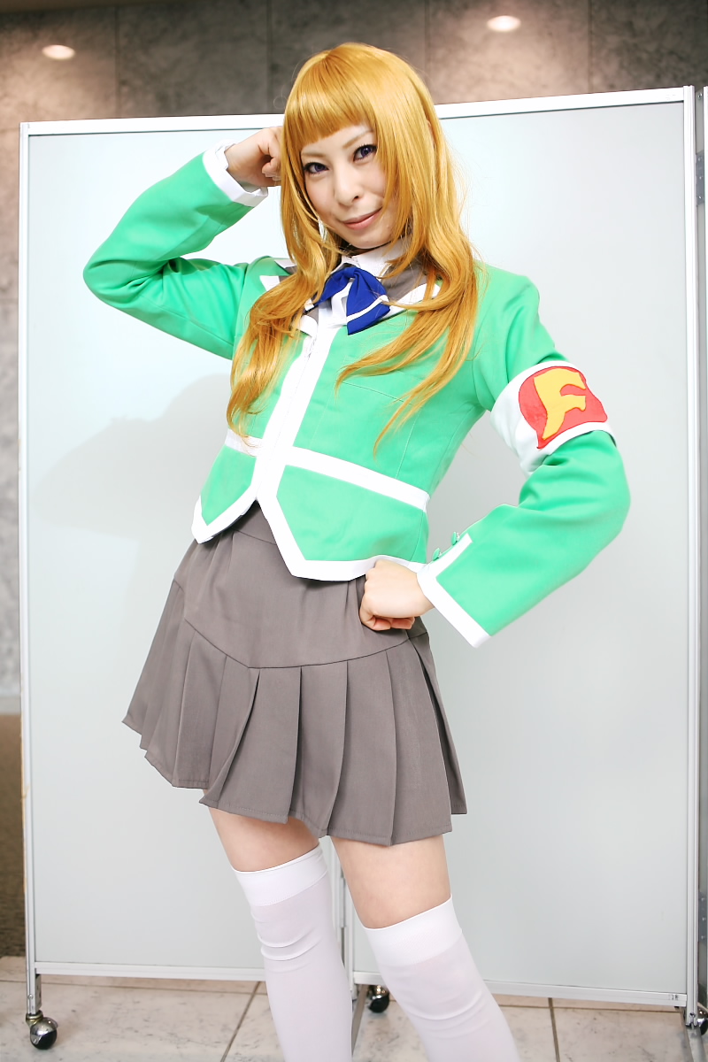 ari (model), suzushiro haruka, my-hime, highres, photo (medium), armband, blonde hair, cosplay, school uniform, serafuku, thighhighs