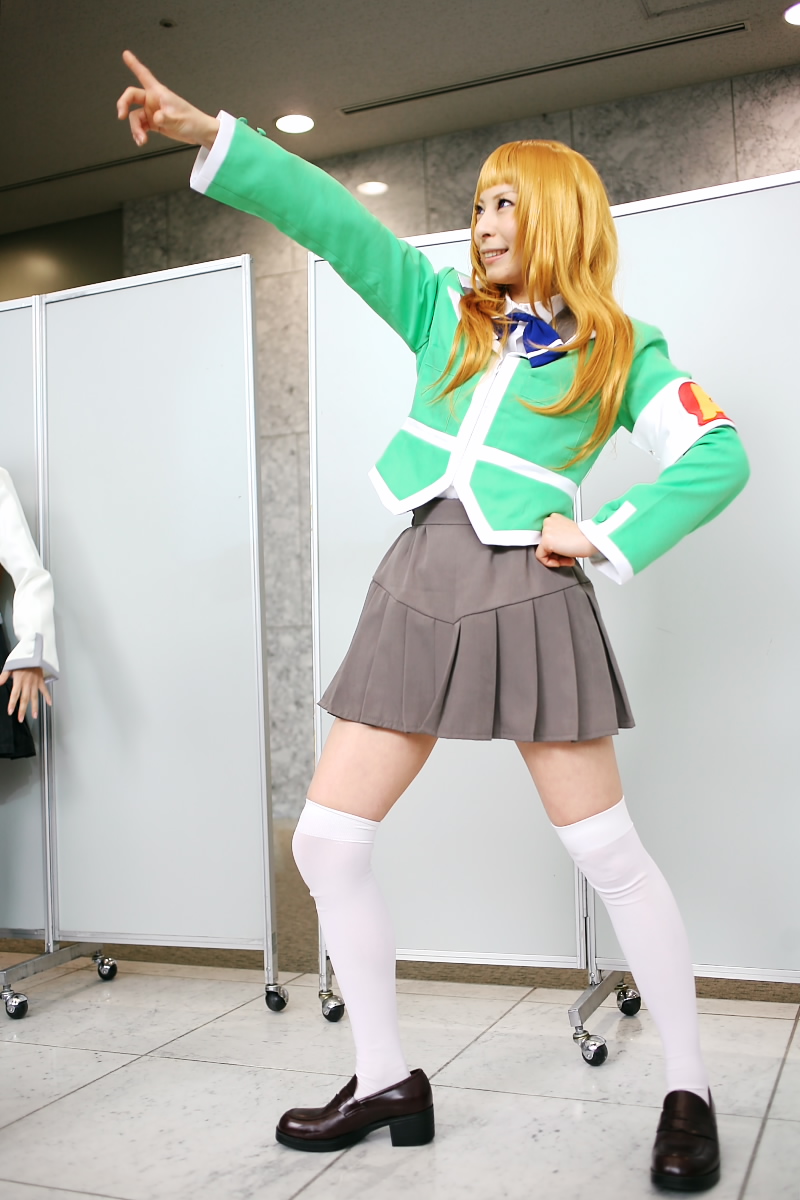 ari (model), suzushiro haruka, my-hime, highres, photo (medium), armband, blonde hair, cosplay, school uniform, serafuku, thighhighs
