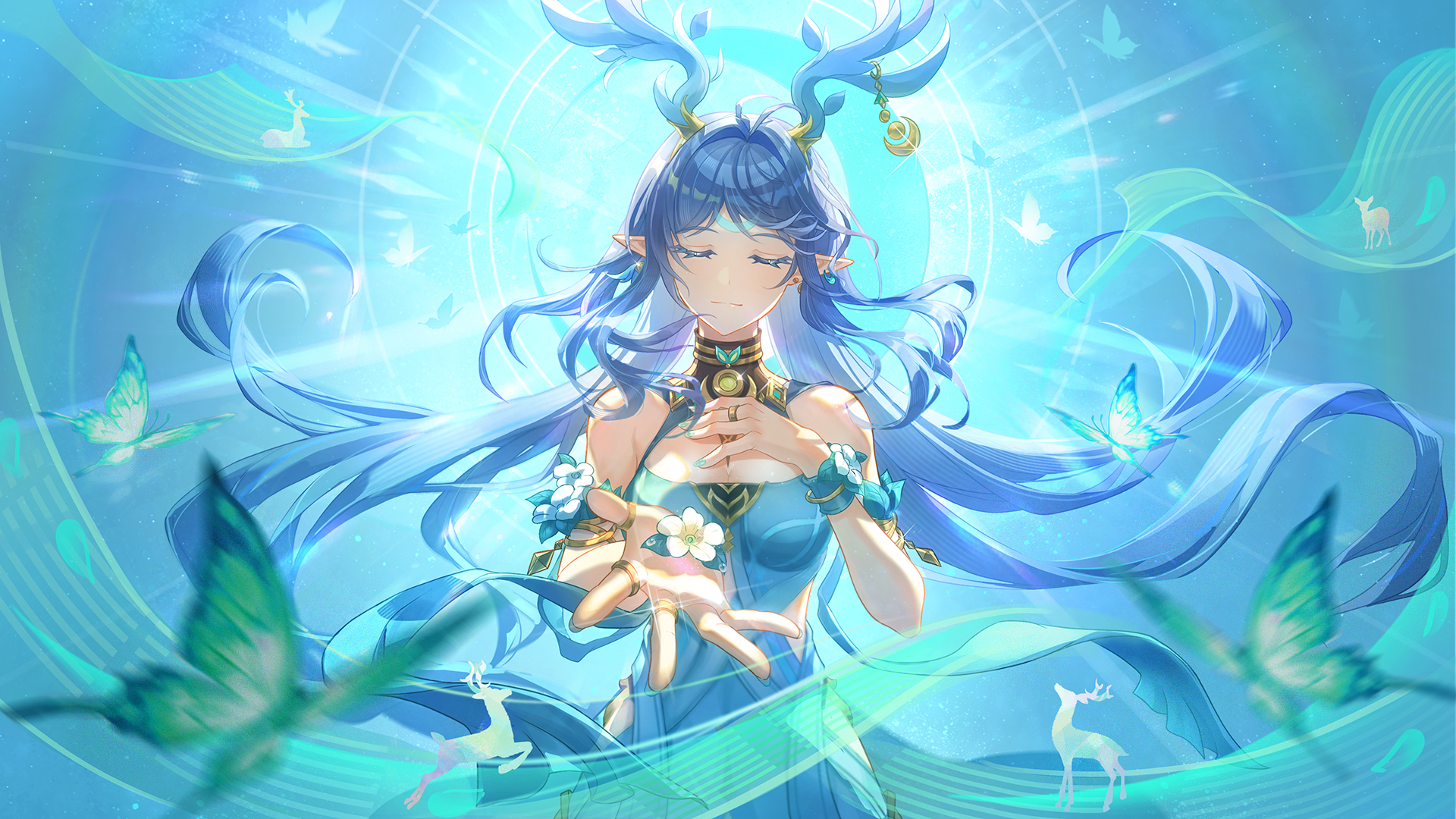 manyu chapaofan, lauma (genshin impact), genshin impact, commentary request, highres, 1girl, antler ornament, antlers, aqua nails, bare shoulders, blue background, blue dress, blue hair, breasts, bug, butterfly, cleavage, closed eyes, closed mouth, deer, deer antlers, deer girl, dress, earrings, facing viewer, fingernails, floating hair, hair intakes, hand on own chest, horns, insect, jewelry, large breasts, long fingernails, long hair, nail polish, pointy ears, reaching, reaching towards viewer, ring, solo, upper body, very long hair
