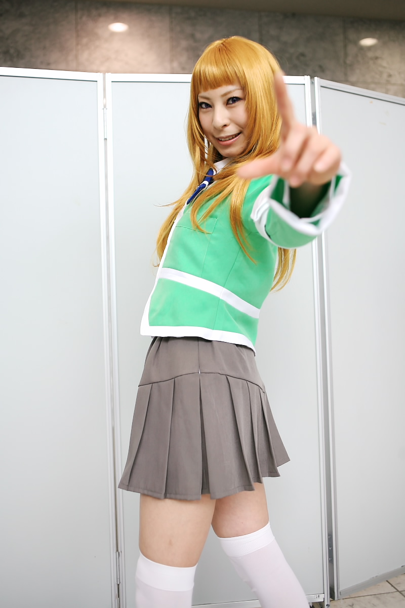 ari (model), suzushiro haruka, my-hime, highres, photo (medium), armband, blonde hair, cosplay, school uniform, serafuku, thighhighs