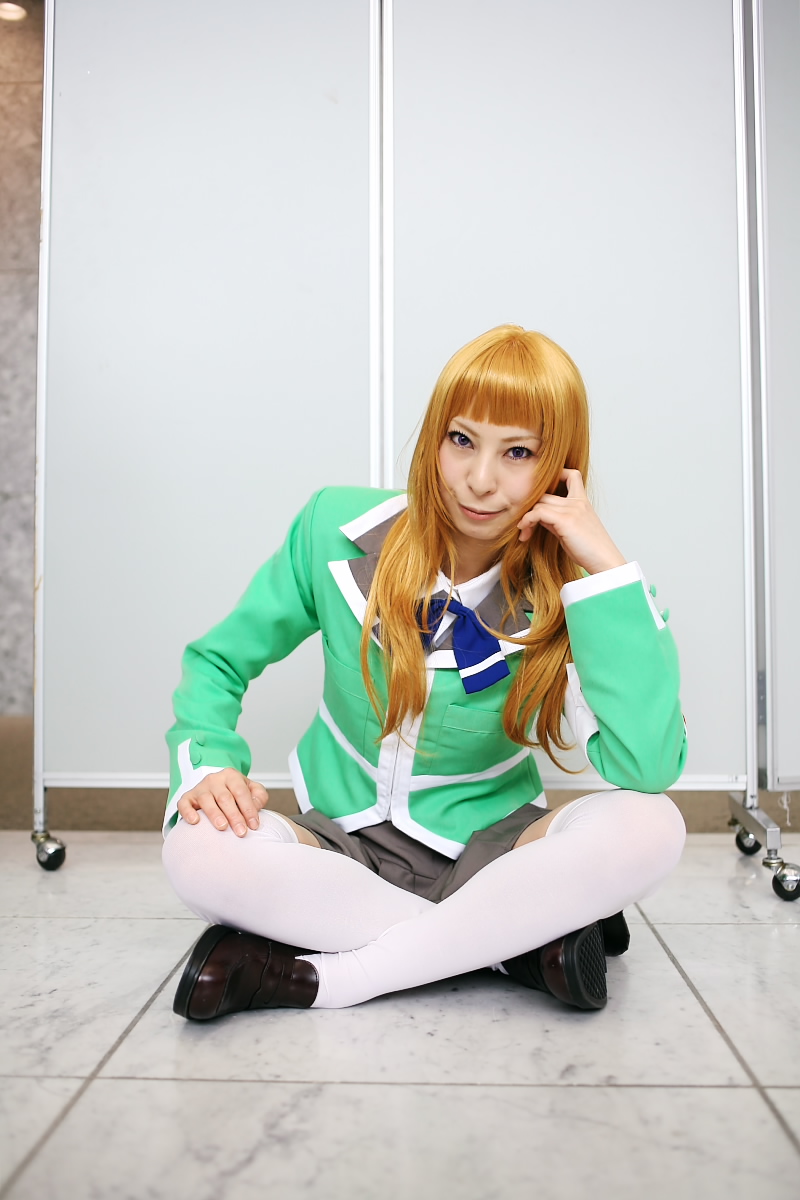 ari (model), suzushiro haruka, my-hime, highres, photo (medium), armband, blonde hair, cosplay, school uniform, serafuku, thighhighs