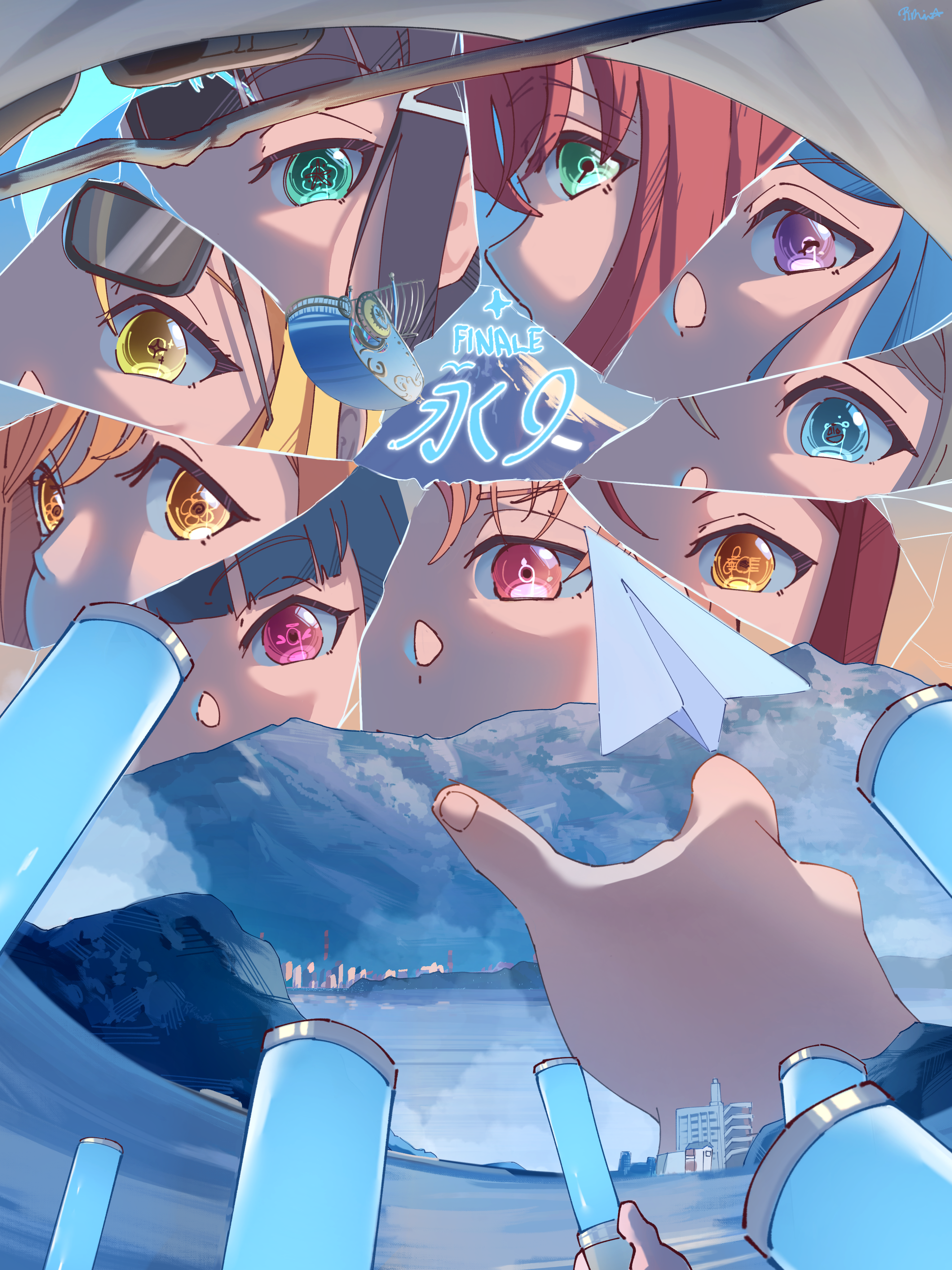 piririi, kunikida hanamaru, kurosawa dia, kurosawa ruby, matsuura kanan, ohara mari, sakurauchi riko, takami chika, tsushima yoshiko, watanabe you, love live!, love live! sunshine!!, absurdres, commentary, english commentary, highres, mixed-language commentary, 6+girls, aqours finale lovelive! ~eikyuu stage~, black-framed eyewear, black hair, blonde hair, blue eyes, blue hair, brown hair, everyone, eyewear on head, flower in eye, glowstick, green eyes, grey hair, multiple girls, orange eyes, orange hair, paper airplane, penlight (glowstick), pink eyes, pov, pov hands, purple eyes, reaching, red eyes, red hair, sunglasses, symbol in eye, yellow eyes