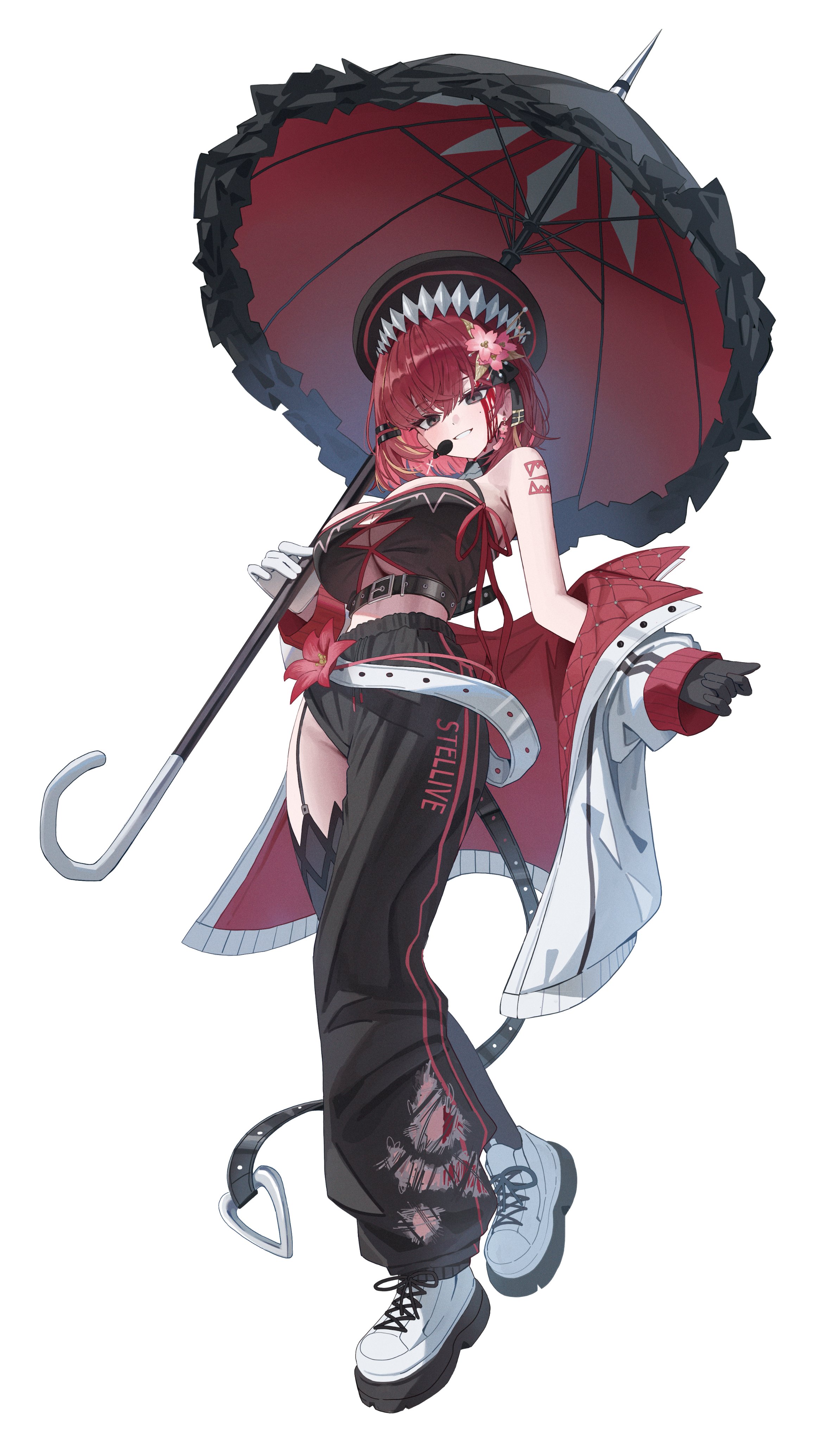 mirrorapo yemp, akane lize, stellive, absurdres, highres, 1girl, asymmetrical gloves, bare shoulders, black gloves, black pants, blonde hair, breasts, flower, gloves, grey eyes, hair flower, hair ornament, holding, holding umbrella, jacket, large breasts, looking at viewer, midriff, mismatched gloves, mole, mole on cheek, multicolored hair, open clothes, open jacket, pants, parted lips, red hair, shoes, short hair, simple background, smile, solo, standing, streaked hair, umbrella, virtual youtuber, white background, white gloves, white jacket, white shoes