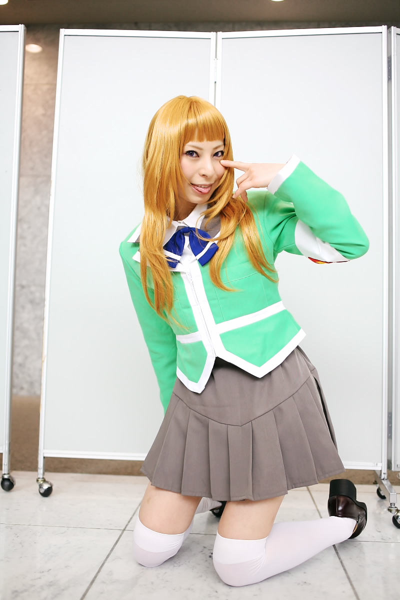 ari (model), suzushiro haruka, my-hime, highres, photo (medium), armband, blonde hair, cosplay, school uniform, serafuku, thighhighs