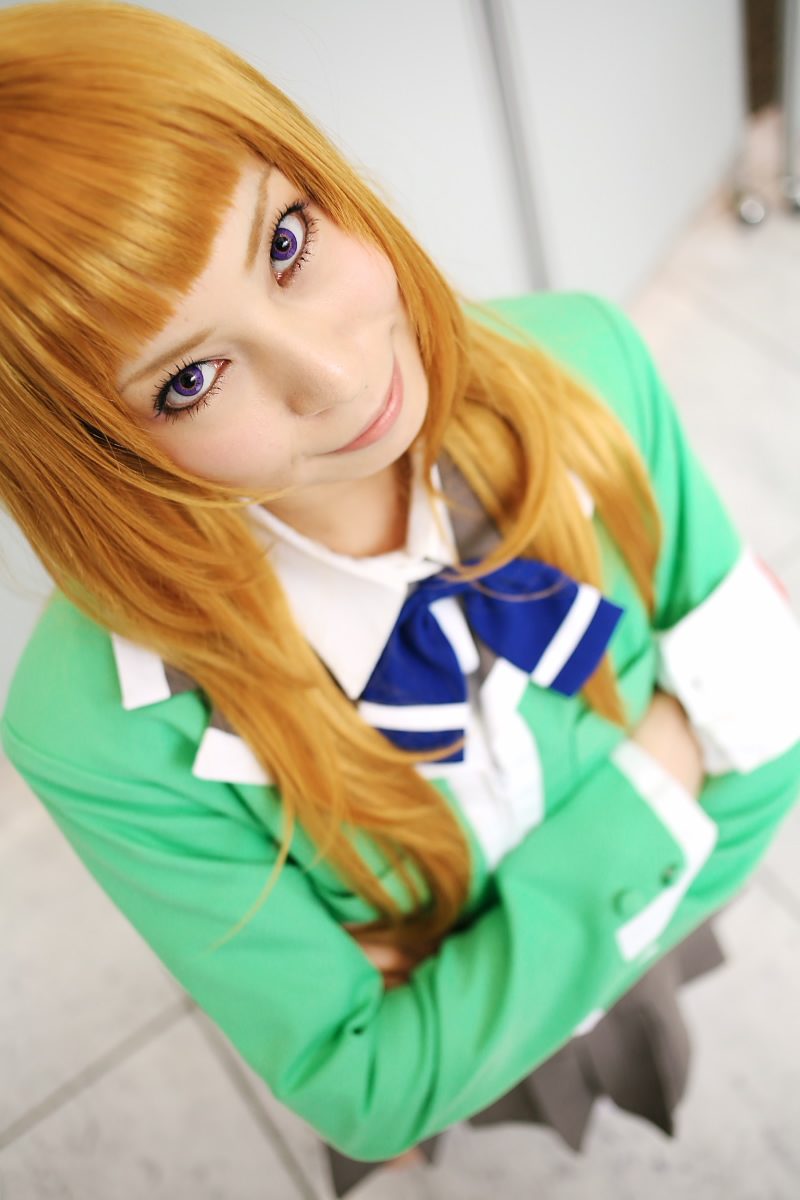 ari (model), suzushiro haruka, my-hime, highres, photo (medium), armband, blonde hair, cosplay, school uniform, serafuku