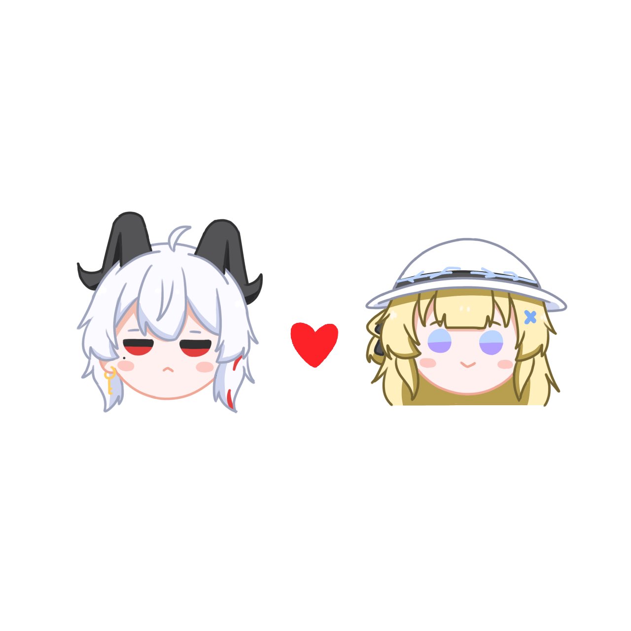 tenrino, phoebe (wuthering waves), zani (wuthering waves), wuthering waves, commentary, highres, 2girls, :>, :<, ahoge, black eyes, black horns, blonde hair, blue eyes, blush stickers, chibi, chibi only, closed mouth, curled horns, earrings, hair ornament, hat, head only, heart, horns, jewelry, key earrings, long hair, looking at viewer, mole, mole under eye, multicolored eyes, multiple girls, red eyes, simple background, smile, straight-on, two-tone eyes, white background, white hair, white hat, x hair ornament, yuri