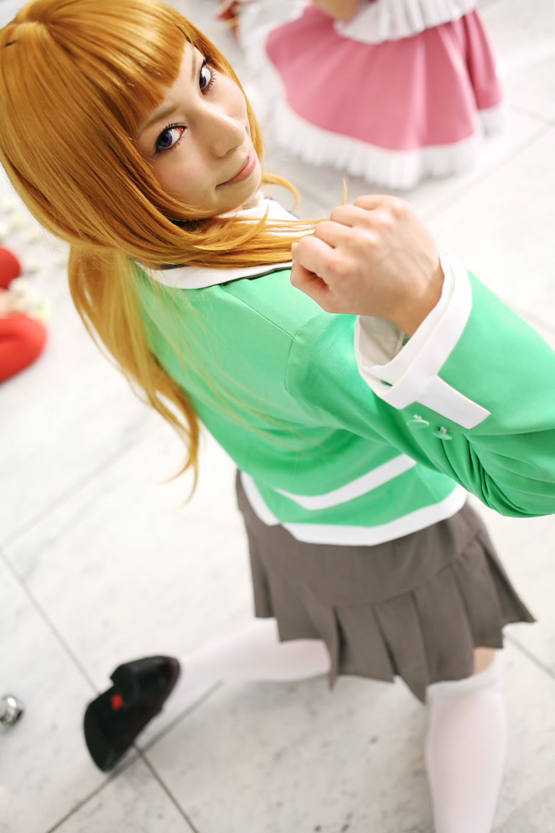 ari (model), suzushiro haruka, my-hime, highres, photo (medium), blonde hair, cosplay, school uniform, serafuku, thighhighs